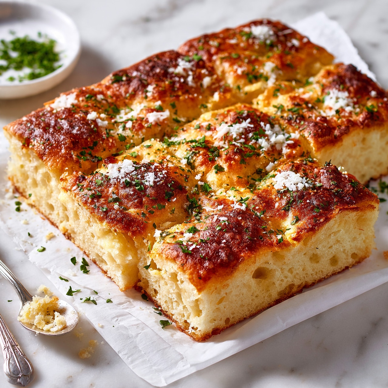 square image The image shows a focaccia bread cut into rectangular pieces, with a golden-brown top layer that is puffy and toasted unevenly, showing some darker browned spots. The surface is sprinkled with finely chopped green herbs and white grated cheese scattered on top. The edges show the soft, fluffy inside of the bread, which is light cream color with small air pockets. The bread rests on white parchment paper placed over a white marbled surface. A small white bowl with green herbs and a silver spoon with crumbs sit nearby. The photo taken with an iphone --ar 4:5 --v 7