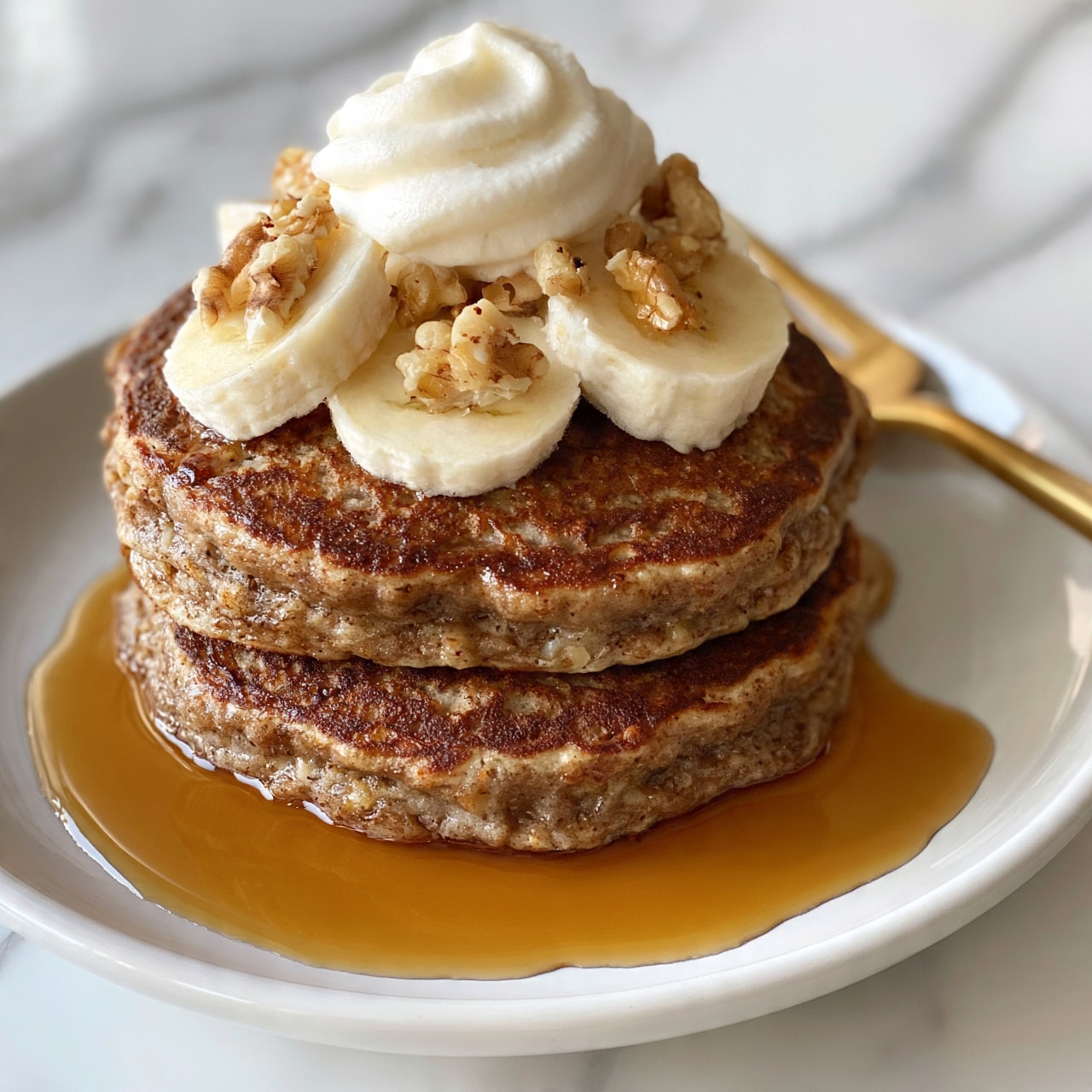 square image A white plate holds two thick stacked banana nut pancakes with a brown lightly crispy texture. The top pancake is covered with slices of fresh banana and small pieces of walnuts. A swirl of light whipped cream sits on the very top. Amber syrup spreads around the base, pooling gently. A gold fork rests behind the stack, and the white marbled background softly blurs in the back. Photo taken with an iphone --ar 4:5 --v 7