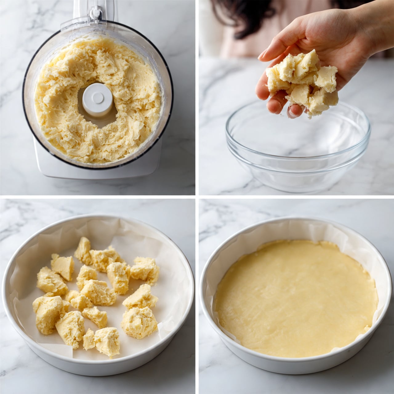square image The image shows four steps of making dough in a square white baking pan lined with parchment paper on a white marbled surface. The first step features a food processor with a creamy light yellow dough inside. The second step shows a woman's hand holding crumbly pale dough pieces above a clear bowl. The third step reveals rough chunks of dough placed unevenly in the white pan on parchment paper. The fourth step displays the dough pressed evenly into the pan, forming a smooth, flat, light yellow base. Photo taken with an iphone --ar 4:5 --v 7