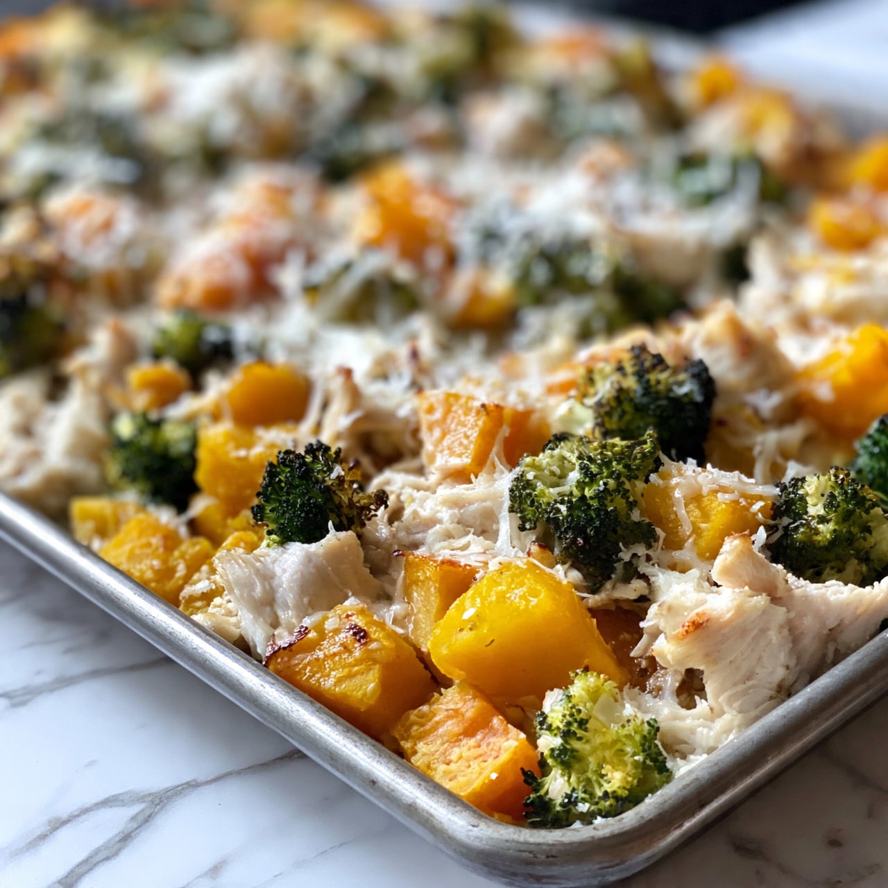 square image The image shows a close-up of a layered dish on a baking tray with visible ingredients including shredded white chicken, orange-yellow cubes of roasted butternut squash, green broccoli florets, and a sprinkling of melted white cheese that lightly covers the top. The vibrant colors and textures create a mix of soft, tender pieces of chicken and vegetables with a light golden-brown roast on some squash edges. The tray rests on a white marbled surface. photo taken with an iphone --ar 4:5 --v 7