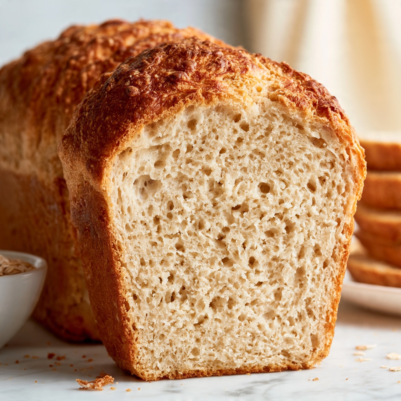 square image A close-up view of a sliced loaf of bread showing two main layers: a golden-brown crispy crust with a slightly rough texture on the outside and a soft, light beige inside with many small holes and a spongy appearance. Behind the loaf, there are more slices stacked in the background, and a small white bowl filled with oats is partly visible, placed on a white marbled surface with some crumbs scattered around. The background is soft and blurred with a light creamy color, making the bread the main focus. Photo taken with an iphone --ar 4:5 --v 7