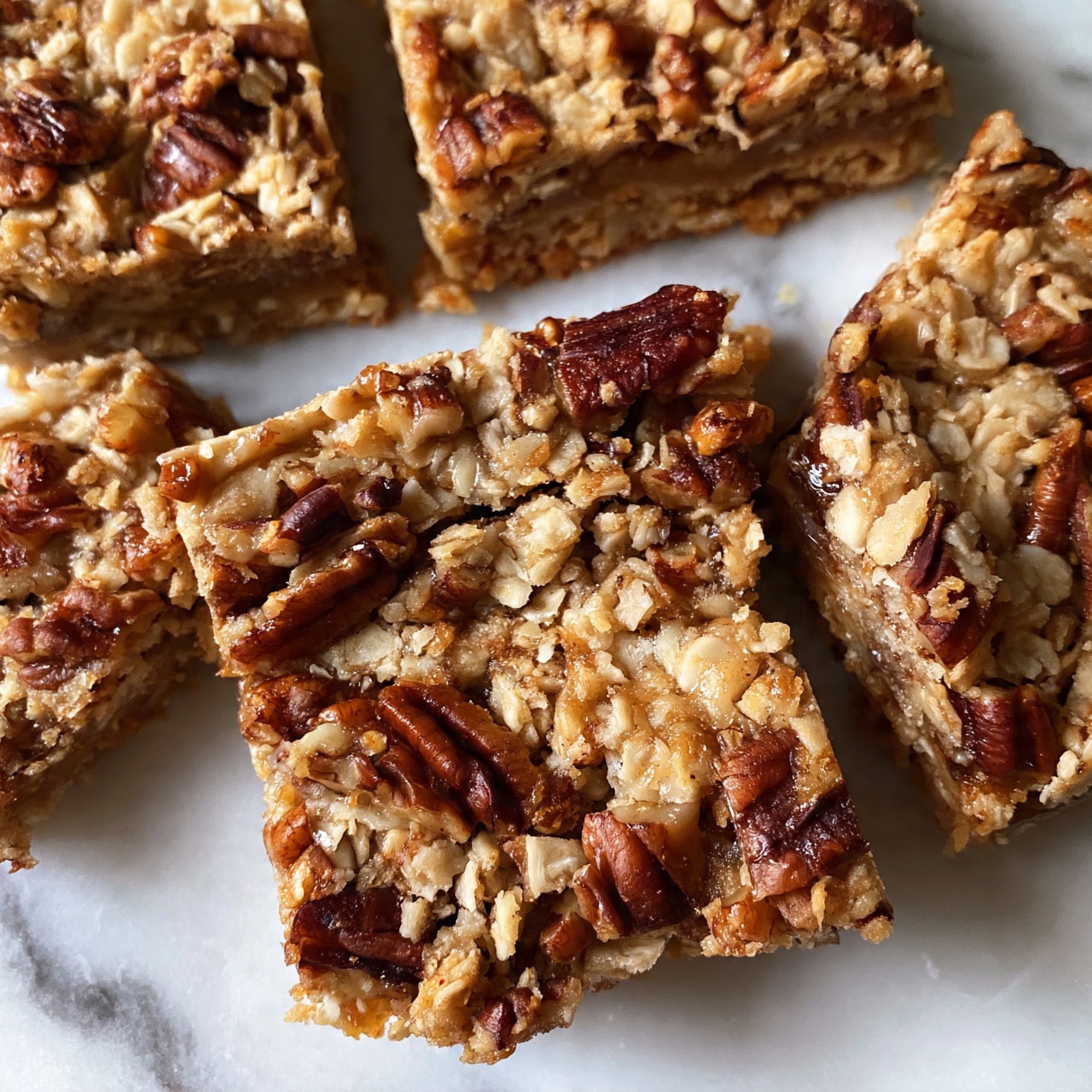 square image The image shows a close-up top view of several square bars tightly packed together, each bar has a rough, crumbly surface layered with chopped pecans and rolled oats pressed into a chewy base with a sticky texture. The colors are a mix of light beige from the oats and deep brown from the pecans, creating a natural, rustic look. There are cracks and uneven pieces on the bar tops, giving a homemade appearance. The bars rest on a white marbled surface. Photo taken with an iphone --ar 4:5 --v 7