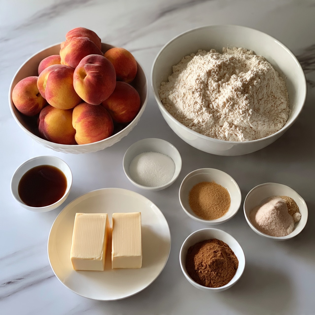 square image The image shows a white marbled surface with several white plates and bowls holding different ingredients. There is a large white bowl filled with peaches, another large white bowl filled with flour, a small white bowl with a dark brown liquid, a white plate with two blocks of butter, and smaller white bowls containing white granulated sugar, brown sugar, a light brown spice, and two powders. The arrangement is neat and the lighting is soft, creating a calm and clean kitchen feel. Photo taken with an iphone --ar 4:5 --v 7