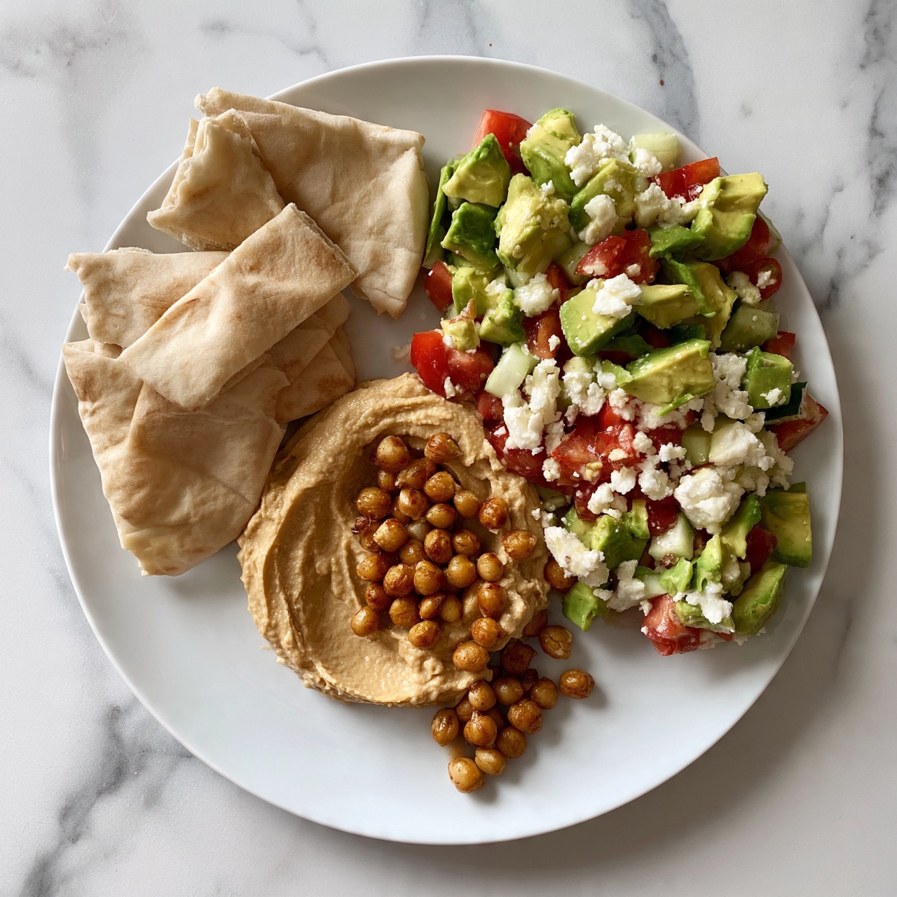 square image A white plate on a white marbled surface holds three main parts: on the left are folded beige flatbread pieces arranged in a loose stack; in the center is a smooth light brown hummus spread topped with small round roasted chickpeas, some spilling onto the plate; and on the right is a colorful salad made of bright green avocado chunks, red tomato pieces, white crumbled cheese, and bits of cucumber, all mixed together. photo taken with an iphone --ar 4:5 --v 7