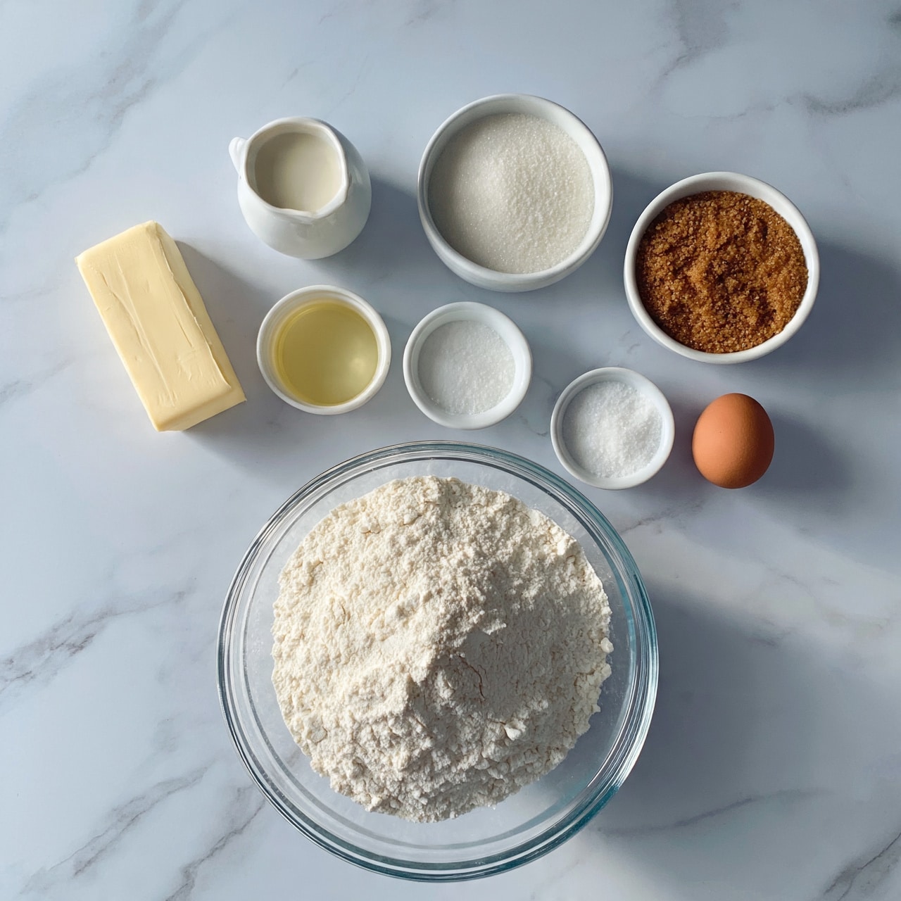 square image A top view of several ingredients arranged on a white marbled surface, featuring a large transparent glass bowl filled with white flour at the bottom center; above it, seven smaller white containers hold different ingredients: a block of butter, a small jar of light yellow oil, a small jug of cream, a bowl of granulated white sugar, a bowl of brown sugar, a small bowl of salt, and a single brown egg. The ingredients are neatly placed with clear separation between them, creating a clean and organized look. Photo taken with an iphone --ar 4:5 --v 7