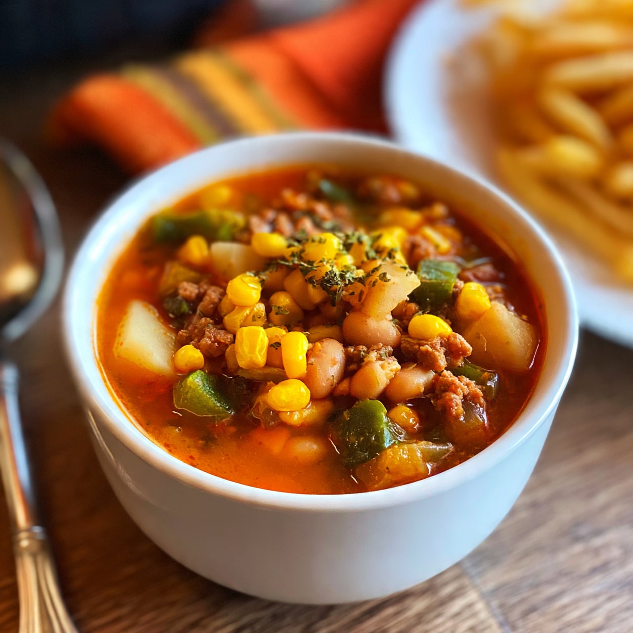 square image A white cup filled with a colorful stew, showing layers of bright yellow corn kernels, light brown beans, light beige potato pieces, green bell pepper chunks, and ground meat pieces in a rich reddish-orange broth, all topped with small bits of green herbs; the cup rests on a wood-textured surface, with a silver spoon nearby on the left and a white plate of golden fries blurred in the background on the right; an orange cloth with a striped pattern adds a warm accent behind the cup. photo taken with an iphone --ar 4:5 --v 7
