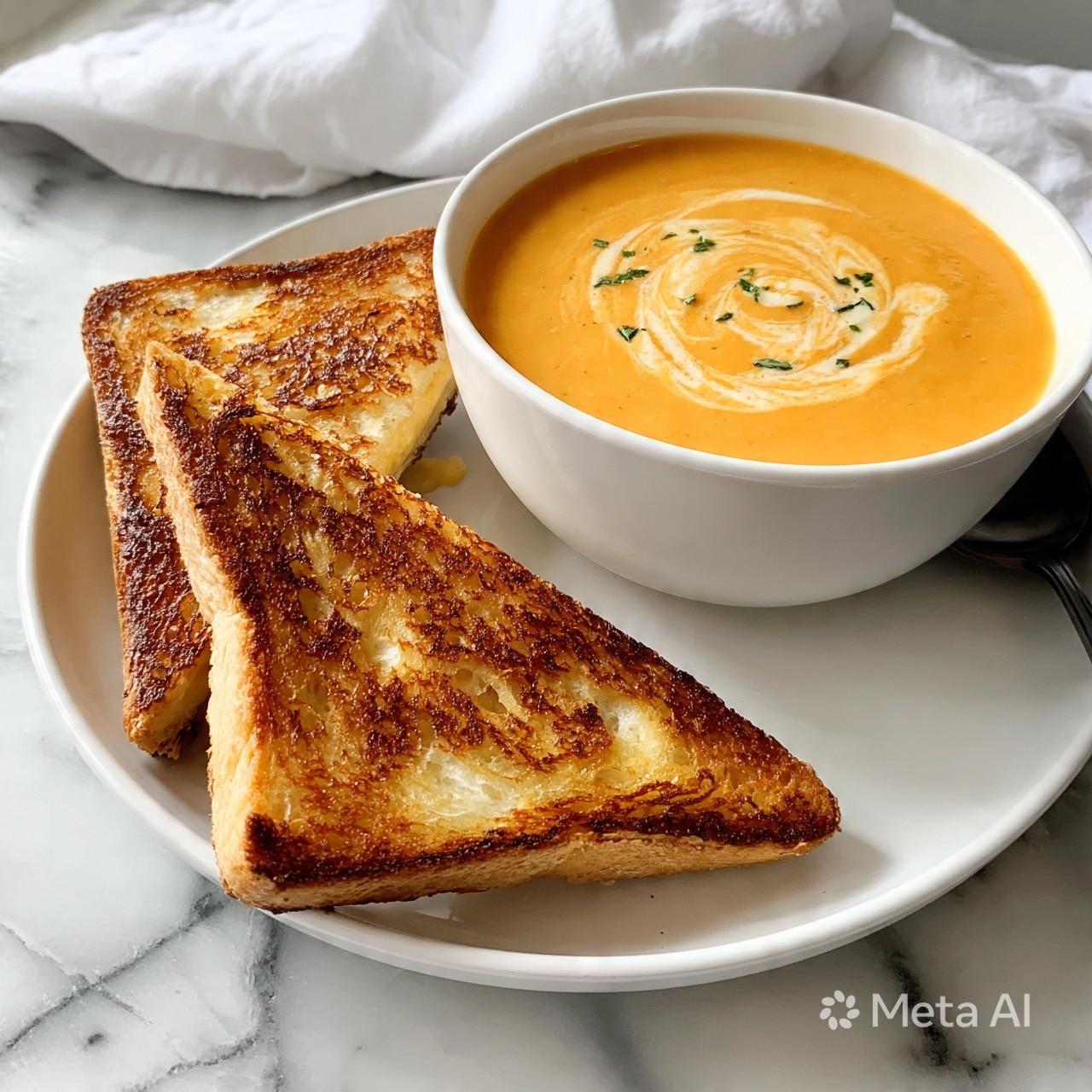 square image The image shows two triangle-shaped grilled cheese sandwiches with golden-brown, crispy toasted bread placed on a white plate next to a round white bowl of creamy orange soup. The soup has a swirl of cream and small green herb pieces on top. The plate is on a white marbled surface with a white cloth in the background, and a dark spoon is beside the bowl. Photo taken with an iphone --ar 4:5 --v 7