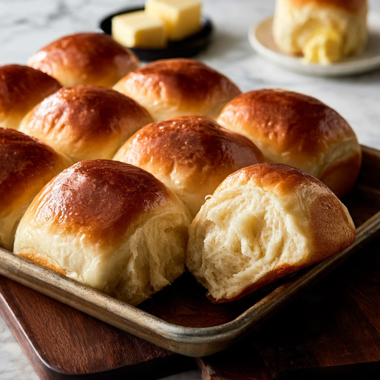 square image A tray filled with ten soft, shiny dinner rolls, golden brown on top and light creamy white inside, with one roll torn open showing its fluffy texture in the center, all placed on a dark wooden surface; in the background, there is a small black dish holding two square slabs of pale yellow butter and a white plate with a buttered roll, all set on a white marbled texture. photo taken with an iphone --ar 4:5 --v 7