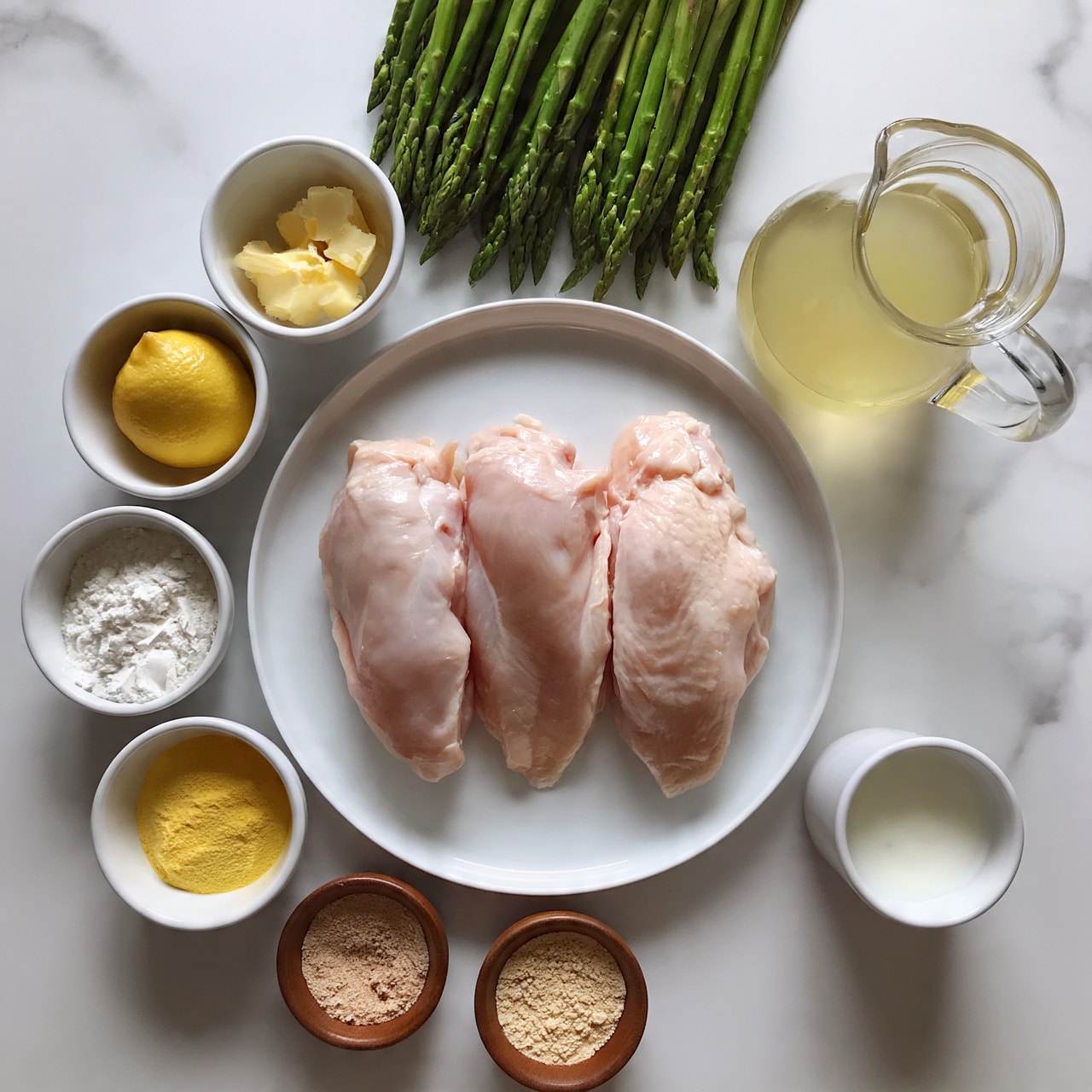 square image The image shows a white round plate in the center with three pieces of raw chicken placed side by side, light pink in color with smooth texture. Surrounding the plate in a circle are small white bowls filled with different ingredients: one contains lemon, one has chunks of butter, another has flour, a white bowl with a yellow powder, and two small brown bowls with light brown and beige spices. Above the plate, there is a bunch of fresh green asparagus spears arranged neatly on the white marbled surface. To the right of the chicken plate, there is a clear glass jug filled with light yellow broth, and below it, a small white cup containing milk. The overall setting is clean and organized on a white marbled surface. photo taken with an iphone --ar 4:5 --v 7