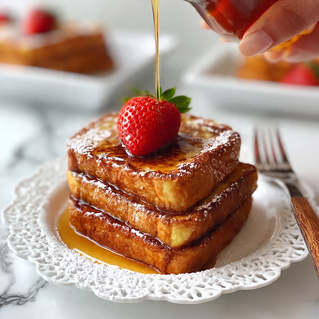 square image A stack of three thick, golden-brown French toast slices dusted lightly with powdered sugar sits on a white lace-edged plate, placed on a white marbled surface. On top of the stack is a bright red strawberry with its green leaves intact, positioned near the center. A woman's hand is pouring amber-colored syrup in a thin stream from a bottle onto the strawberry and toast. To the right of the plate is a metal fork with a wooden handle resting on the plate's edge. In the blurred background, there is a white rectangular plate with more French toast and strawberries. photo taken with an iphone --ar 4:5 --v 7