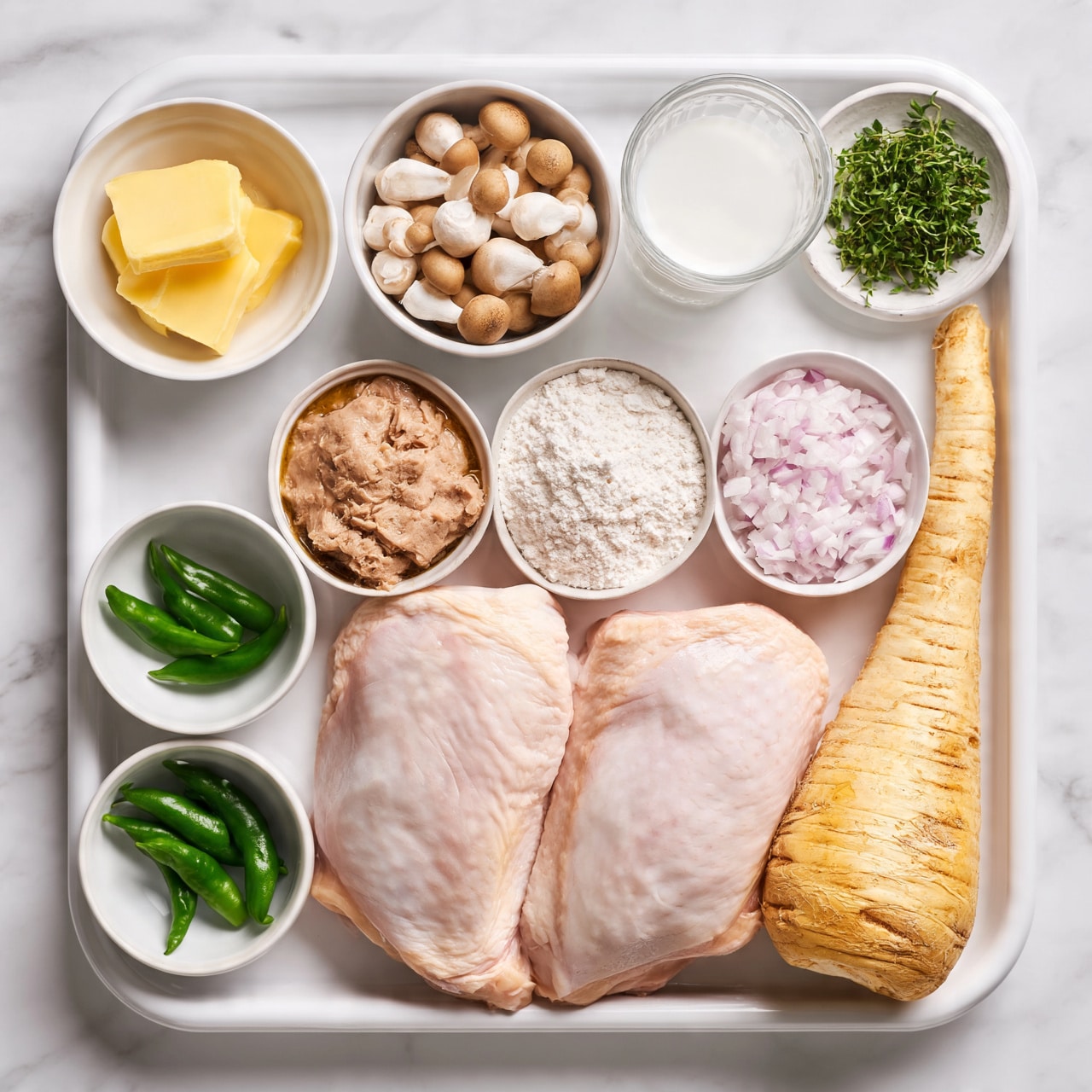square image The image shows a white tray holding an organized arrangement of ingredients, all placed on a white marbled surface. In the center front, there are two large raw chicken pieces with a pale pink color. To the right of the chicken is a long parsnip with rough, creamy-yellow skin. On the left side, there is a small white bowl with bright green chili peppers. Above the chicken, there is a small white bowl filled with small whole mushrooms that are brown and white. Next to that, on the right, is a small glass of milk with a white liquid. On the far left, there is a small white bowl containing a few slices of yellow butter. Below the mushrooms and milk are three more small white bowls: one with brown canned tuna, one with a mound of white flour, and one with finely chopped pale purple shallots. On the far right, above the parsnip, there is a small bunch of fresh green herbs on a small white plate. The overall look is clean, organized, and fresh. Photo taken with an iphone --ar 4:5 --v 7