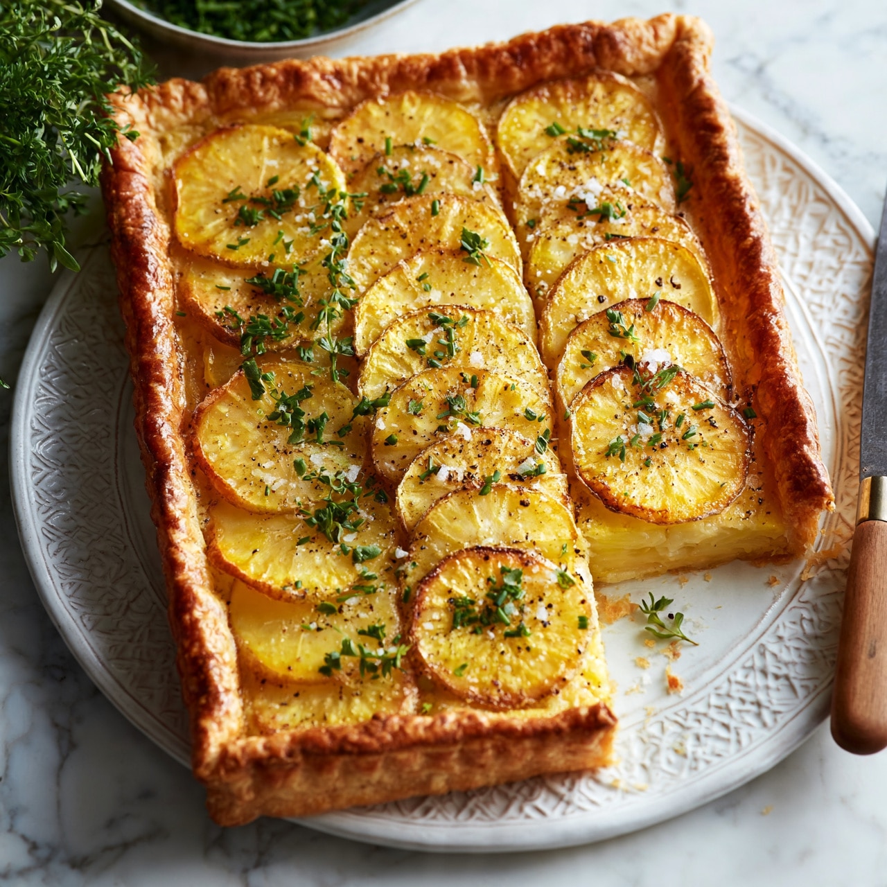 square image A rectangular tart on a white plate with an intricate pattern, resting on a white marbled surface, is topped with thin, round slices of yellow potato arranged in overlapping layers. The crust is golden and flaky with a puffed edge all around. Green herbs, including chopped chives and small sprigs, are scattered on top, along with sprinklings of coarse salt and black pepper. The tart is partially sliced, with one square piece slightly moved aside, showing the soft, baked potato layer beneath the golden crust. Fresh green herbs in a bowl and a wooden-handled knife on the side complete the scene. Photo taken with an iphone --ar 4:5 --v 7