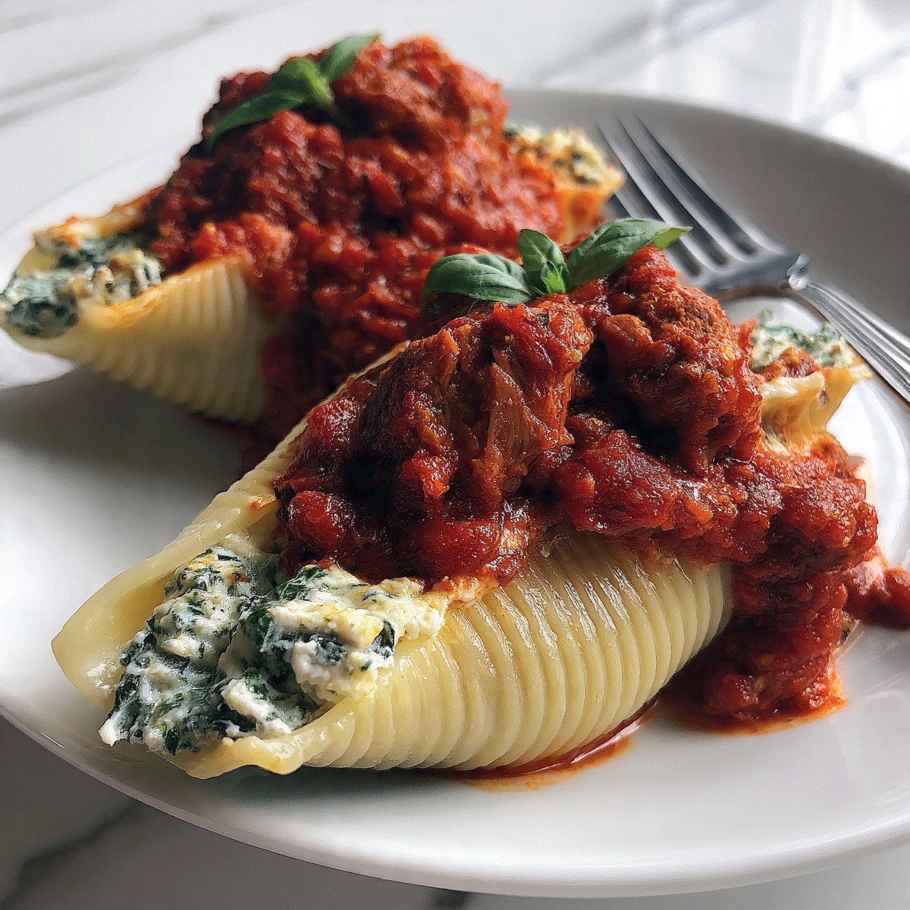 square image The image shows two large pasta shells filled with creamy spinach and cheese on a white plate. On top of the pasta shells is a thick, chunky red sauce with visible pieces of cooked meat. Small green basil leaves are placed on the sauce as decoration. The edges of the pasta shells are smooth and glossy, and the sauce looks rich and slightly textured. A silver fork lies next to the pasta on the plate, and the background is a white marbled surface. photo taken with an iphone --ar 4:5 --v 7