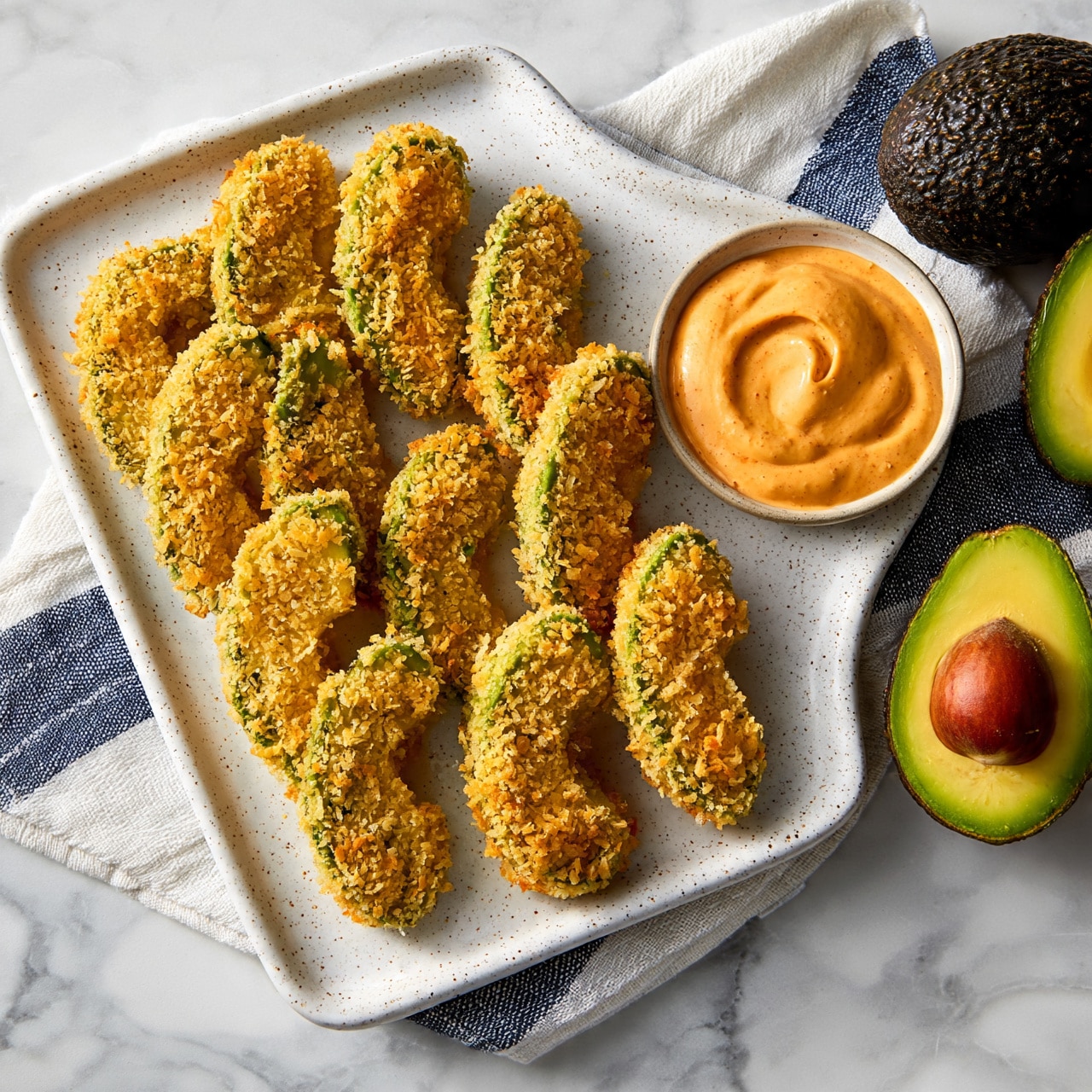 square image The image shows a white speckled rectangular plate filled with about twelve crispy, golden-brown fried avocado slices arranged in two loose rows. Each avocado slice is coated evenly with a crunchy, crumb-like breading that has a light yellow to golden color with green specks visible beneath. On the right side of the plate, a small round bowl holds a creamy orange-colored dipping sauce with a smooth, slightly swirled texture. The plate is placed on a white and blue striped cloth that rests on a white marbled surface. Next to the cloth, there is a whole avocado with dark bumpy skin and a halved avocado showing bright green flesh and a brown seed inside. Photo taken with an iphone --ar 4:5 --v 7