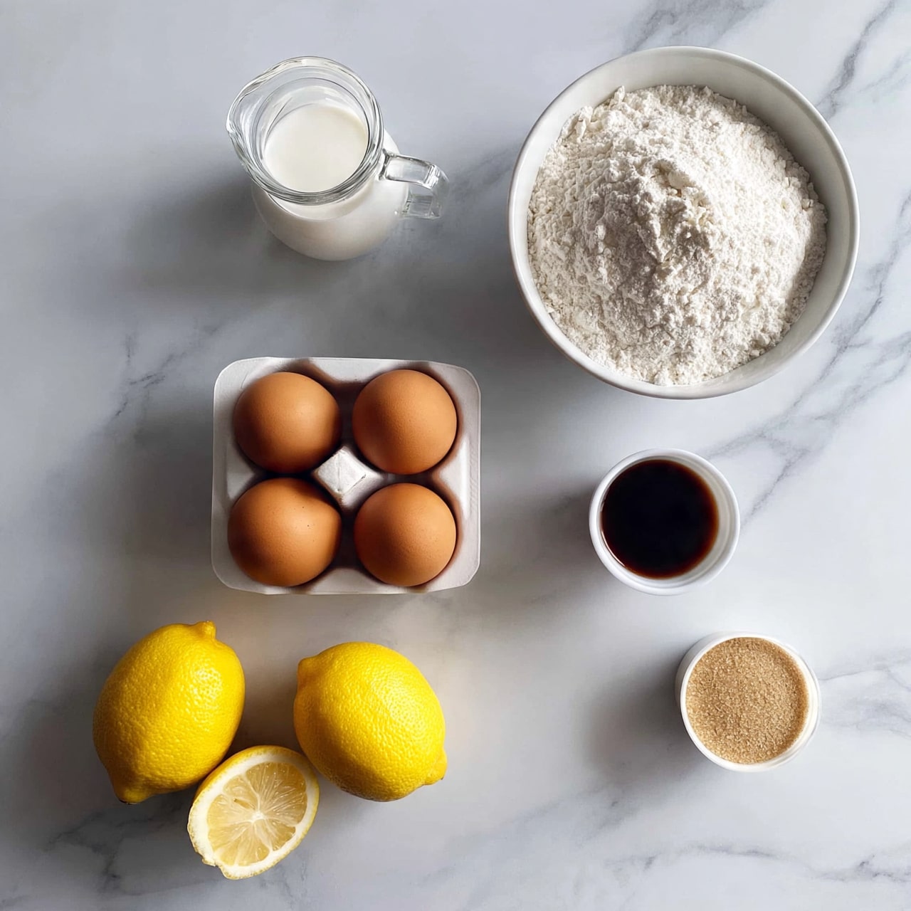 Lemon Mousse Cups Recipe 4 square image The image shows seven ingredients laid out on a white marbled surface. At the top left is a clear glass small pitcher with white liquid inside, likely milk or cream. To the right is a white bowl filled with white flour. Below these, on the left, is a white carton holding four brown eggs. To the right of the eggs is a small white cup with a dark brown liquid, likely vanilla extract or syrup. Below the eggs are two whole bright yellow lemons, one slightly cut in half showing the inside. To the right of the lemons is a small white container with light brown granules, possibly sugar. The overall look is clean with each ingredient clearly visible and neatly arranged. Photo taken with an iphone --ar 4:5 --v 7