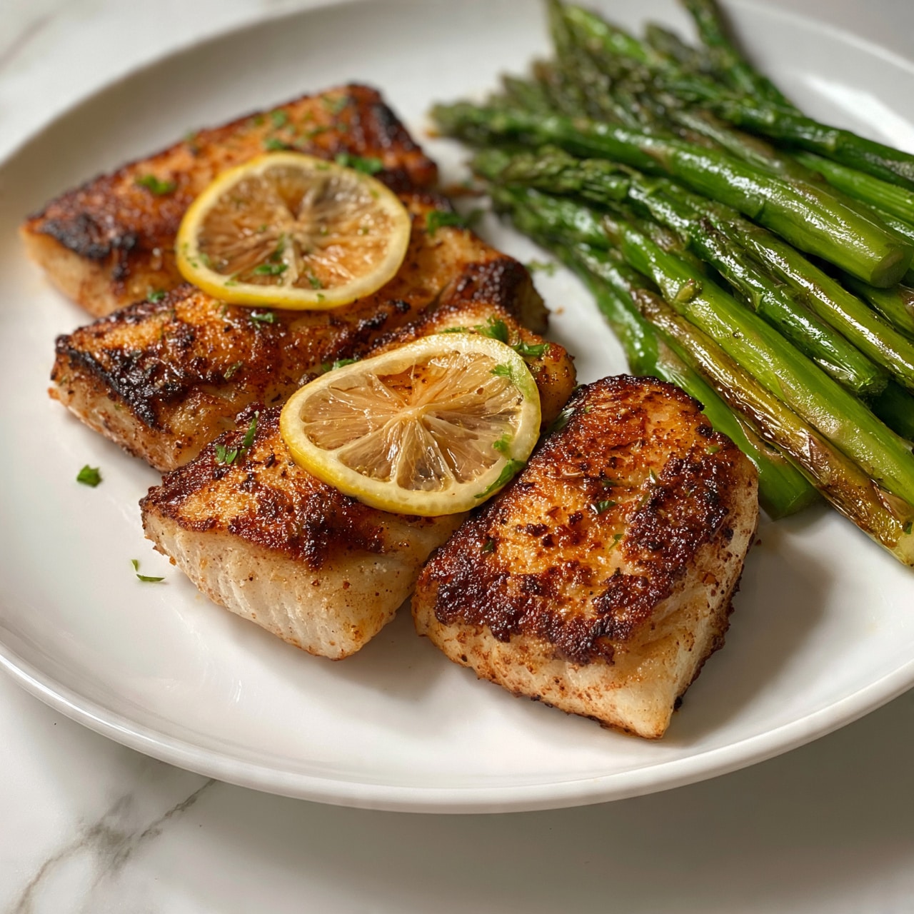 square image The image shows a white plate with four pieces of cooked fish fillets placed side by side, each fillet having a golden-brown crust with slight charring and a moist texture underneath. On top of the fish fillets, there are two thin lemon slices with a slightly translucent yellow color and visible seeds. To the right of the fish, there is a serving of cooked green asparagus stalks with a shiny, tender appearance and some light browning. Small green herb bits are sprinkled over the fish, adding a fresh touch. The plate is on a white marbled surface. photo taken with an iphone --ar 4:5 --v 7