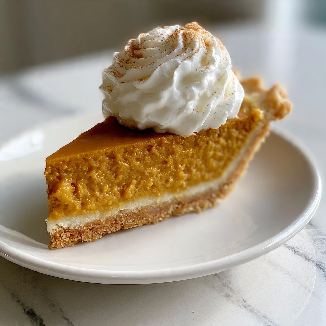 square image A slice of pumpkin pie on a white plate sits on a white marbled surface, showing three main layers: a golden brown crust at the bottom with a slightly rough texture, a smooth and dense bright orange pumpkin filling in the middle, and a dollop of fluffy white whipped cream on top, garnished with a light toast of brown swirls. Photo taken with an iphone --ar 4:5 --v 7