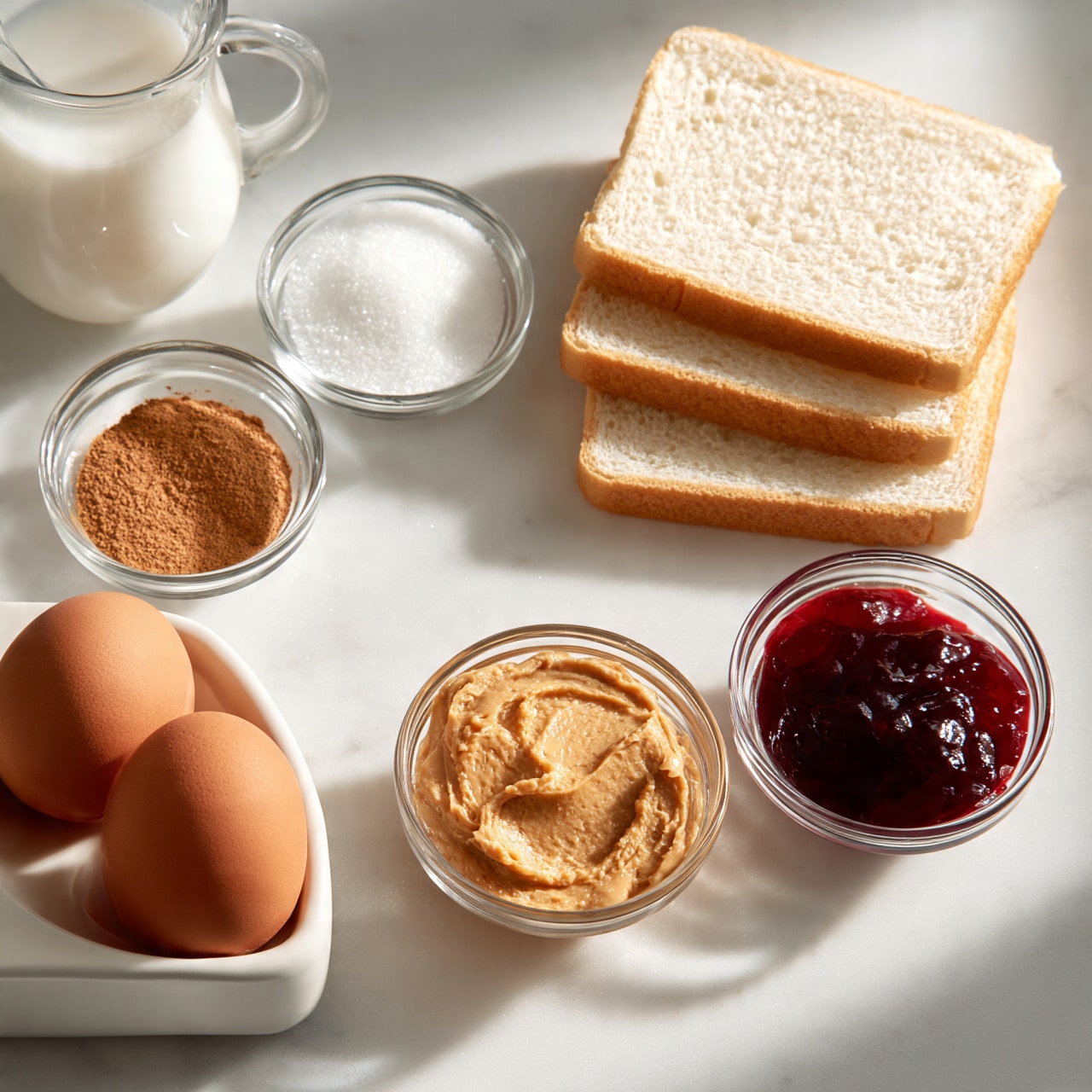 square image A white marble surface shows the ingredients for a sandwich arranged neatly. On the top right, there are three slices of white bread stacked slightly askew. Below the bread, a small clear glass bowl holds creamy peanut butter with a smooth texture. Next to the peanut butter, another small clear glass bowl contains dark red jelly with a shiny, thick look. To the left, a white ceramic egg holder holds two brown eggs. Above the eggs, a small clear glass bowl has light brown cinnamon powder, and beside it, another small clear glass bowl contains white sugar granules. In the top left corner, a clear glass jug holds fresh milk with a smooth white surface. The lighting is soft and natural, and the overall scene feels clean and organized. Photo taken with an iphone --ar 4:5 --v 7
