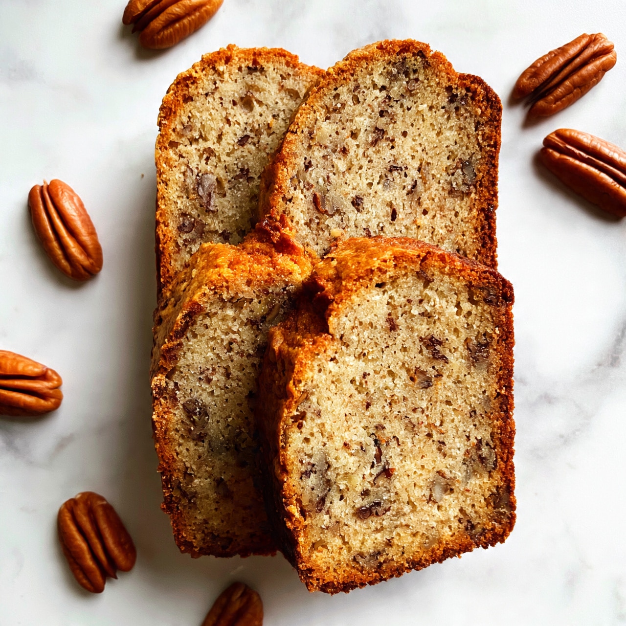 square image The image shows four slices of a brown nut bread placed vertically on a white marbled surface, arranged closely in a row. Each slice is medium thick with a soft texture dotted with pieces of nuts in dark brown hues. The bread crust on the edges is slightly darker golden brown. Around the slices, there are some whole pecans with smooth, shiny brown shells scattered casually. The background is a clean white marbled surface, making the bread and nuts stand out clearly. Photo taken with an iphone --ar 4:5 --v 7