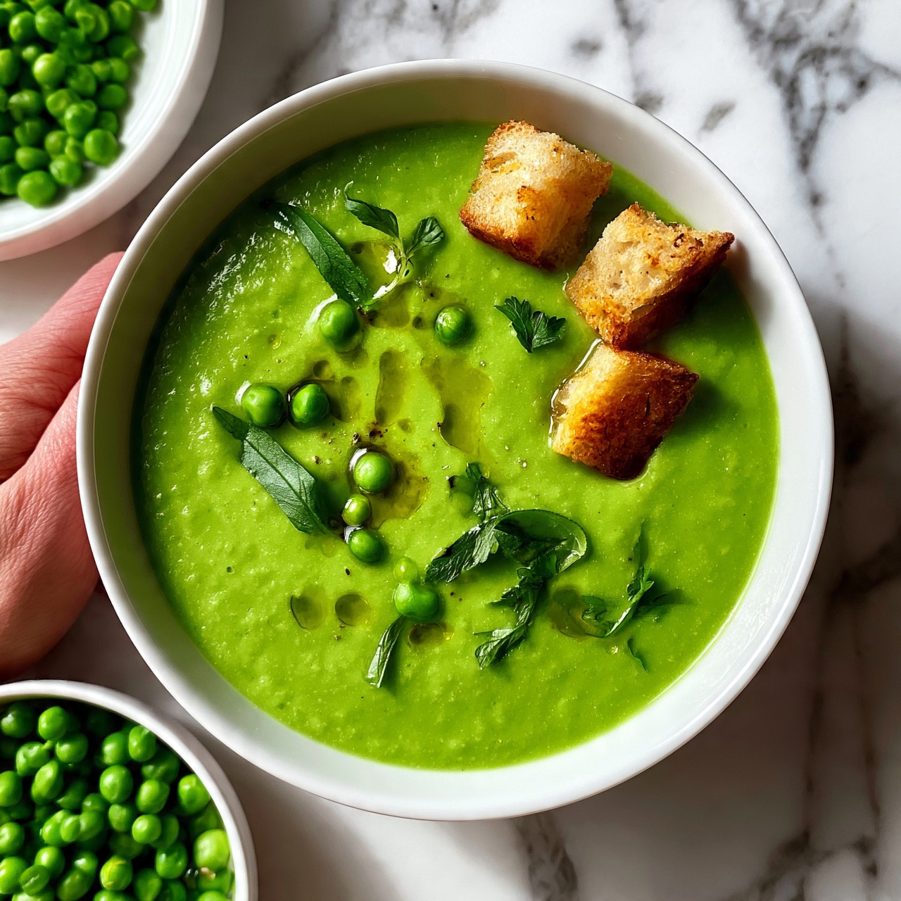 square image The image shows a white bowl filled with a smooth green pea soup. On top of the soup are small whole peas scattered around, some fresh green leaves, and a drizzle of olive oil. On one side of the soup, three small pieces of toasted bread are placed partially in the soup. The background surface is a white marbled texture. A woman's hand is partially visible, nearby a small white bowl filled with more green peas. Photo taken with an iphone --ar 4:5 --v 7