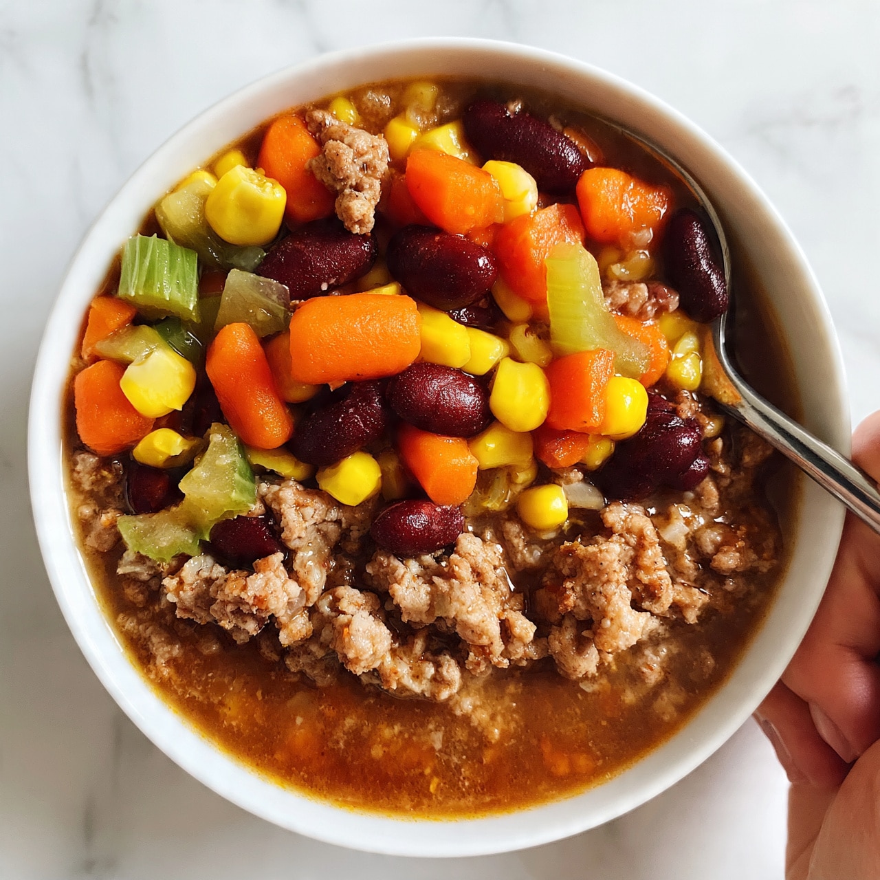 square image A white bowl filled with a thick stew showing three layers: the base is a brownish liquid with visible small chunks; the middle layer consists of chunky ground meat browned evenly; the top layer has bright orange carrot pieces, yellow corn kernels, dark red kidney beans, and green celery slices scattered throughout. A metal spoon is partially inside the bowl, with a woman's hand holding it on the right side. The bowl sits on a white marbled surface. photo taken with an iphone --ar 4:5 --v 7