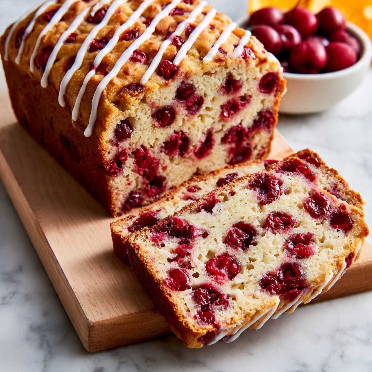 square image The image shows a loaf of cherry bread with three visible slices. The bread has a light golden-brown crust with a soft, pale interior filled with red cherries spread evenly throughout. White icing is drizzled in thin, parallel lines across the top of the loaf. Next to the loaf, there is a small white bowl filled with fresh red cherries and partially visible slices of orange. The bread is placed on a light wooden board resting on a white marbled surface. Photo taken with an iphone --ar 4:5 --v 7