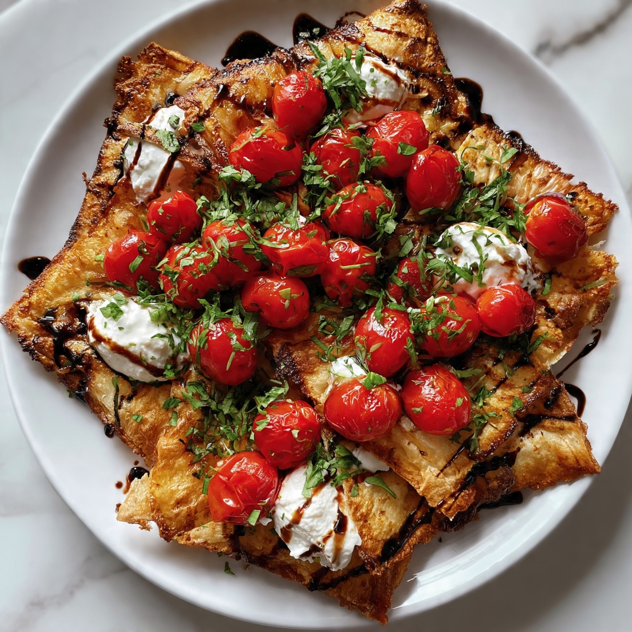 square image The image shows a white plate on a white marbled surface filled with several golden brown, crispy flatbread pieces arranged overlapping. On top of the flatbreads are bright red roasted cherry tomatoes and vibrant fresh green herbs scattered evenly. Dollops of white creamy spread are placed on different parts of the flatbreads. There is a dark balsamic glaze drizzled in thin lines over the whole dish, adding contrast. The colors of the warm flatbreads, red tomatoes, fresh green herbs, creamy white spread, and dark glaze create a lively and fresh look. photo taken with an iphone --ar 4:5 --v 7