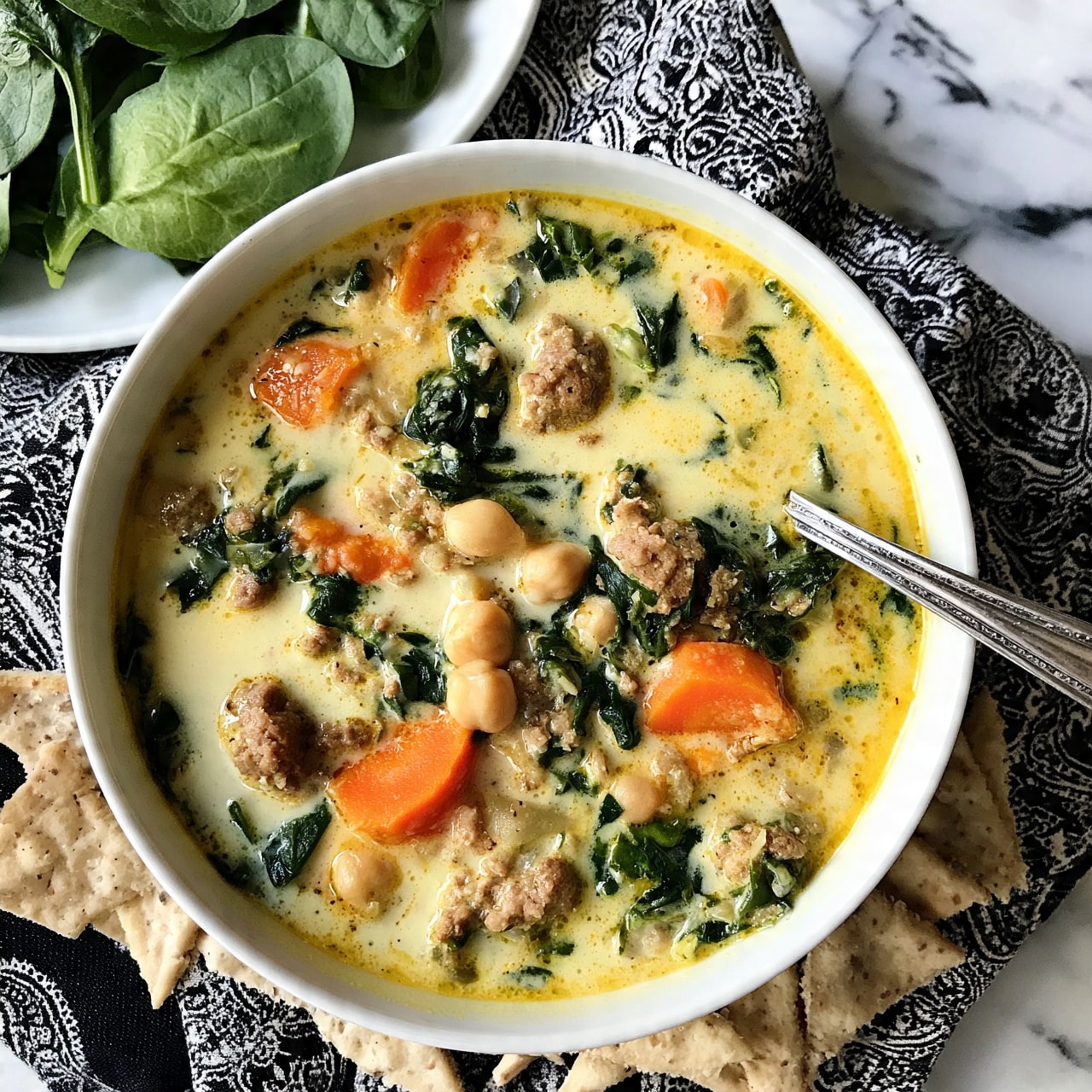 square image A white bowl filled with creamy soup showing about four main layers: light yellow creamy broth as the base, with visible soft brown chunks of ground meat scattered through it, bright orange carrot slices adding color, pale beige chickpeas, and dark green leafy spinach mixed evenly throughout. The bowl sits on a black and white patterned cloth, with some triangular beige crackers tucked under its edge. A silver spoon rests inside the bowl, the handle facing out. Nearby is a white plate with fresh green spinach leaves, all shown on a white marbled surface. Photo taken with an iphone --ar 4:5 --v 7