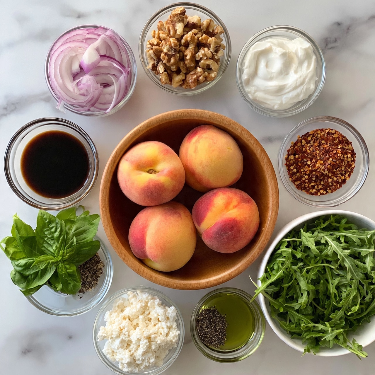 square image A top view of various ingredients arranged neatly on a white marbled surface: a wooden bowl in the center holds four ripe peaches with a soft orange and red skin; around it are several clear glass bowls containing different items — thinly sliced purple onions, crushed walnuts, dark brown balsamic vinegar, white cream or yogurt, red chili flakes, fresh green basil leaves, black pepper, a small amount of green oil or dressing, and fresh green arugula leaves in a white bowl; also present is a bowl with white crumbled cheese. photo taken with an iphone --ar 4:5 --v 7