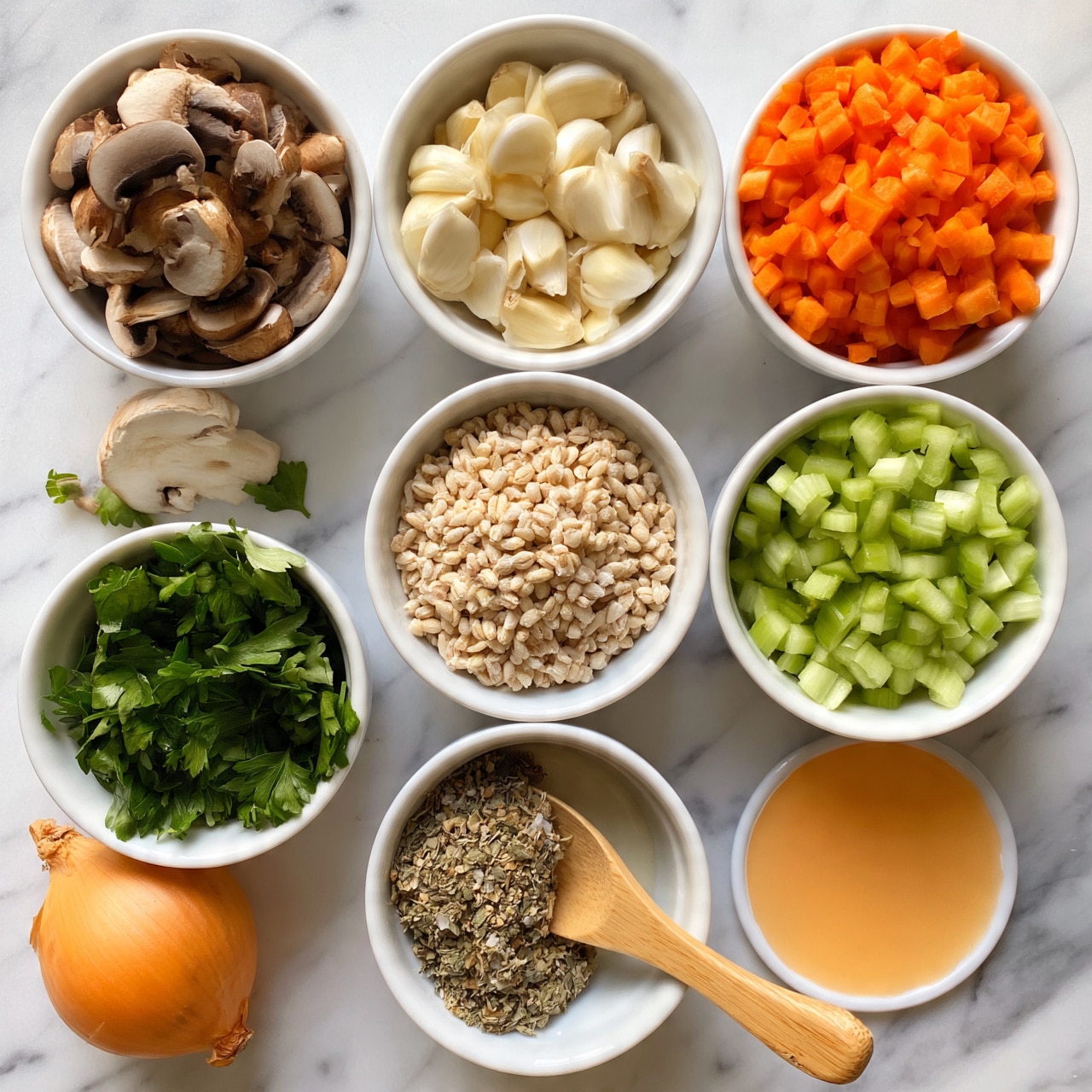 square image The image shows eight small white bowls placed on a white marbled surface. Each bowl contains a different ingredient: sliced brown mushrooms in the top left, a whole yellow onion in the top right but not in a bowl, peeled garlic cloves below the onion, bright orange chopped carrots in the middle left, diced green celery in the center, light beige barley grains in the middle right, fresh green parsley leaves at the bottom left, and dried herbs with a wooden spoon in the bottom middle. At the bottom right, there is a small bowl with a light orange liquid. The colors are bright and natural, and everything is neatly arranged. Photo taken with an iphone --ar 4:5 --v 7