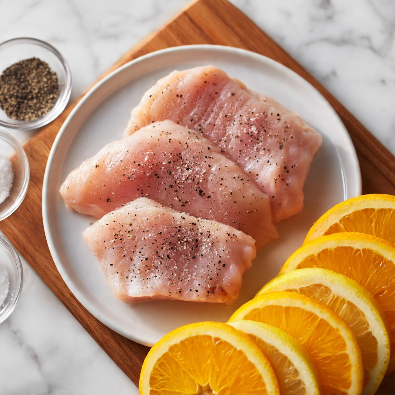 A white plate holds four raw chicken fillets sprinkled with black pepper and salt, arranged so one piece overlaps another slightly. The plate sits on a light wooden cutting board with thin lemon and orange slices layered next to each other in a neat line, with a halved orange placed at the bottom. Two small clear glass bowls containing black pepper and sea salt are placed near the plate on the wooden board. The background is a white marbled surface. Photo taken with an iphone --ar 4:5 --v 7