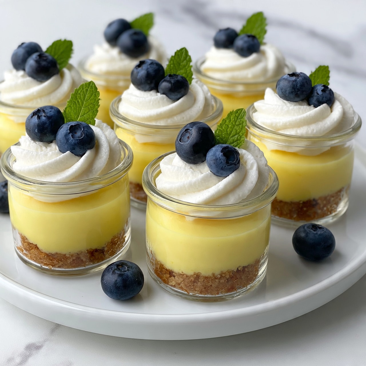 square image The image shows six small clear glass jars filled with a creamy yellow dessert. Each jar has three layers: a crumbly brown base at the bottom, a thick smooth pale yellow middle layer, and a swirl of white whipped cream on top. The whipped cream is decorated with three fresh blueberries and a small bright green mint leaf. The jars are placed on a white plate with a few extra blueberries scattered around. The background is a white marbled surface. Photo taken with an iphone --ar 4:5 --v 7square image