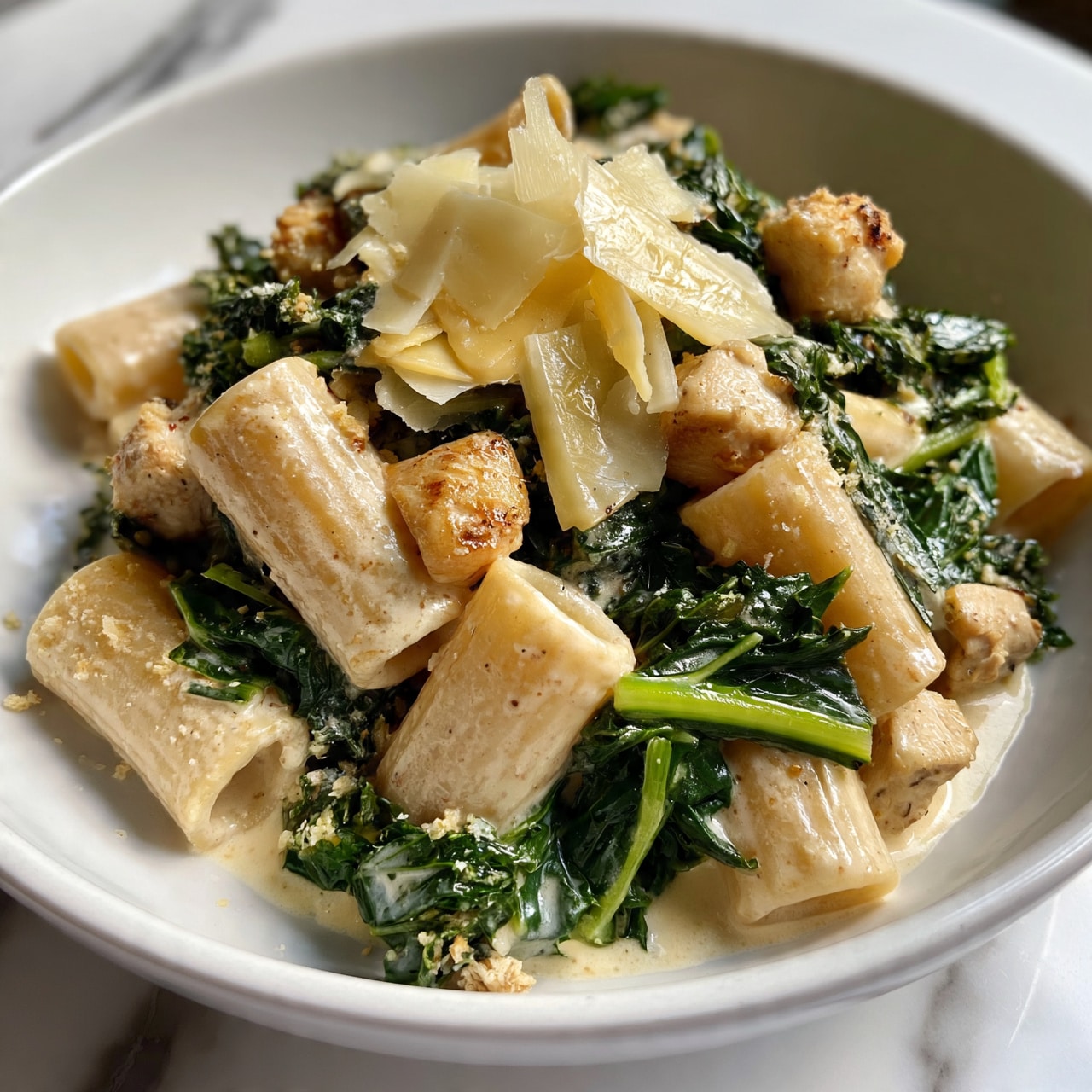 square image The image shows a close-up of a creamy pasta dish in a white bowl, placed on a white marbled surface. The main layer consists of rigatoni pasta pieces, light beige with a slightly rough texture. Mixed with the pasta are dark green kale leaves that look fresh and slightly glossy from the creamy sauce coating them. Small chunks of light golden grilled chicken pieces are scattered throughout the dish. On top, there are thin, uneven slices of pale yellow cheese sprinkled over everything, giving a slight shine. The sauce looks creamy and smooth, evenly covering most of the ingredients, with some small crumbs adding a bit of texture contrast. Photo taken with an iphone --ar 4:5 --v 7