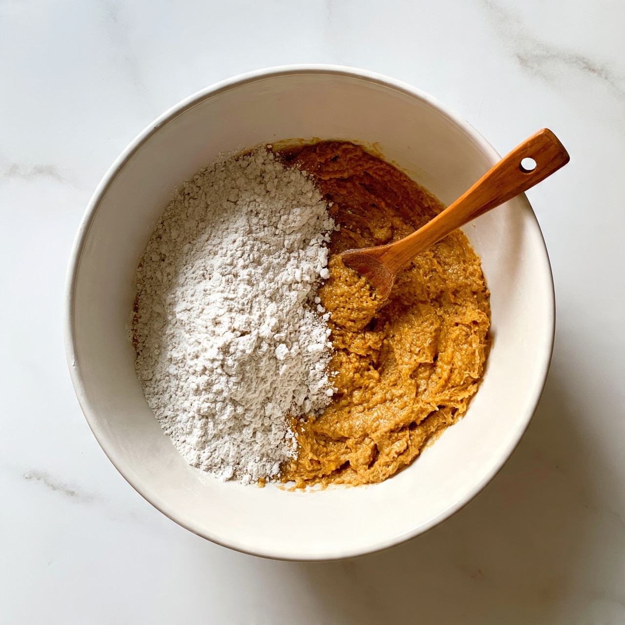 square image A white bowl holding a thick, orange-brown batter with white flour piled mostly on one side, the batter has a slightly lumpy texture mixed unevenly. A wooden spoon with a simple handle rests inside the bowl, partially dipped in the batter. The bowl is placed on a white marbled surface, bright and clean. The photo shows a close-up view from above, capturing the mixing process. Photo taken with an iphone --ar 4:5 --v 7