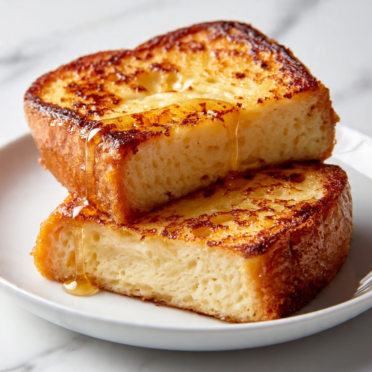 square image Two thick slices of golden-brown French toast sit stacked on a white plate, each slice showing a soft, fluffy inside with a slightly crispy, caramelized outside. A light stream of amber syrup is drizzled over the top slice, glistening as it trickles down the sides. The toast surface has small air pockets and toasted marks, adding texture to the warm, inviting look. The plate is placed on a white marbled surface. Photo taken with an iphone --ar 4:5 --v 7