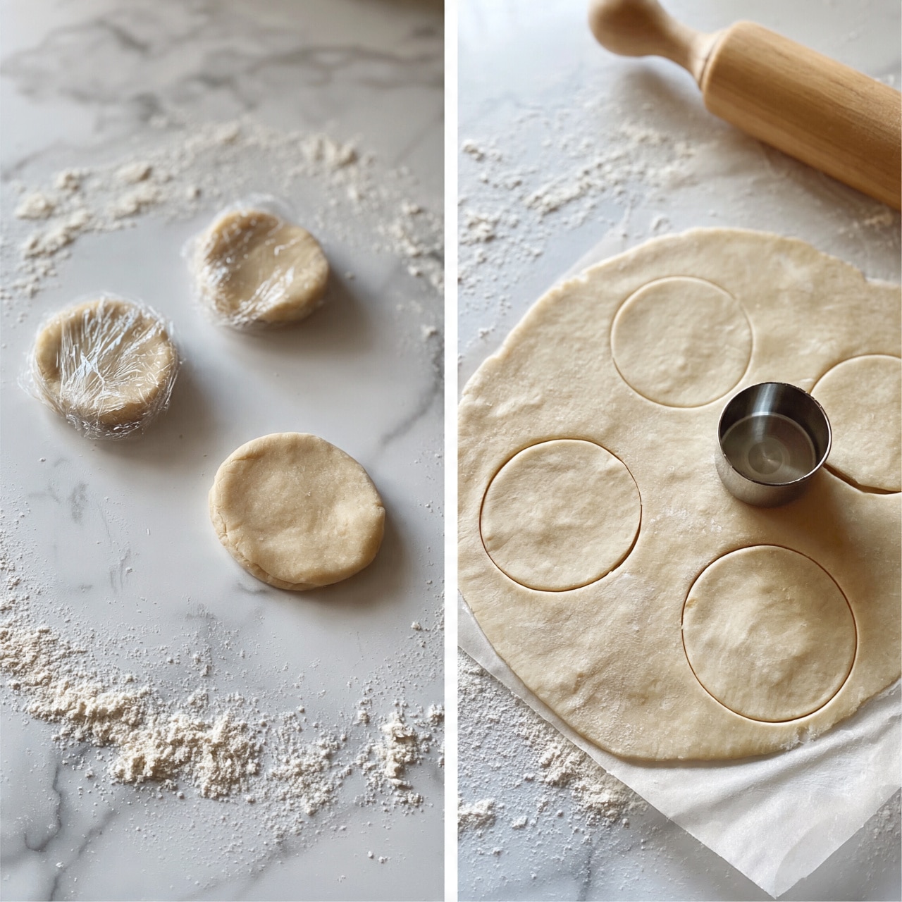 square image The image shows two scenes of dough preparation on a white marbled surface dusted with flour. On the left side, there are two small, round dough discs wrapped in clear plastic, with one unwrapped dough disc centered in the frame. A wooden rolling pin lies near the top right corner. On the right side, a thin sheet of dough is rolled out flat, with three circular shapes cut from it using a metal measuring cup placed near the center. The dough is light beige with a smooth texture. photo taken with an iphone --ar 4:5 --v 7