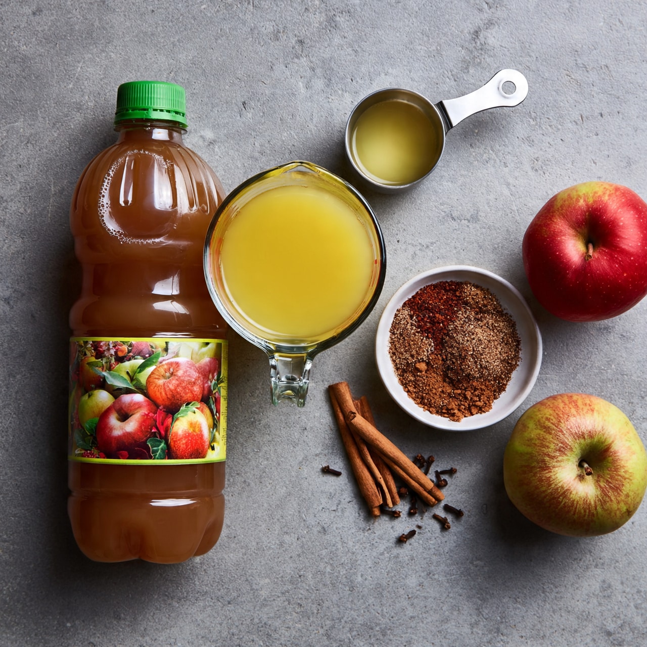 square image The image shows a variety of ingredients placed on a gray concrete surface. On the left, there is a large brown plastic bottle of apple cider with a green cap and a colorful label. To its right, there is a clear glass measuring cup filled with yellow juice. Next to this cup is a small white bowl that holds brown and reddish spices, sitting beside a few cinnamon sticks and small cloves scattered on the surface. Above these is a small metal measuring cup with a handle, containing a light yellow liquid. On the far right, there are two whole apples, one red and one greenish with red tones. The overall scene is natural and simple, with a casual arrangement of ingredients photo taken with an iphone --ar 4:5 --v 7
