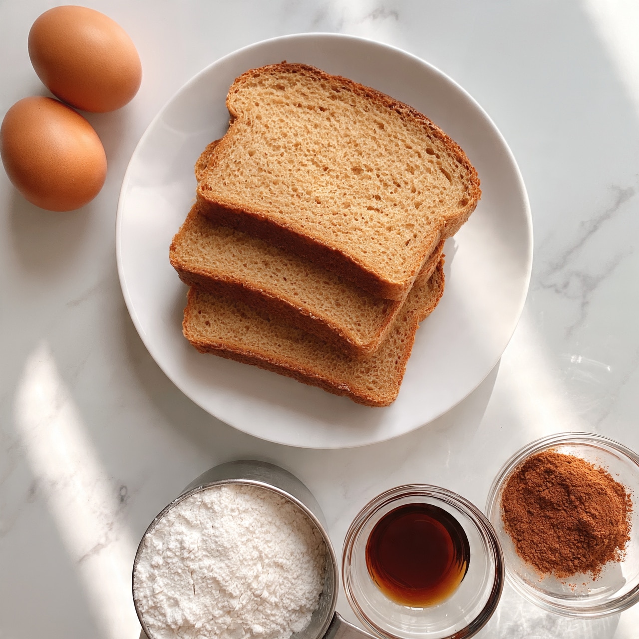 square image The image shows three slices of light brown bread placed on a white plate, arranged in a slightly overlapping stack, sitting on a white marbled surface. To the left of the plate, two brown eggs rest directly on the surface. Below the plate, there is a metal measuring cup filled with a white powdery substance, likely flour, placed next to two small clear glass bowls. One glass bowl contains a dark brown liquid, while the other holds a reddish-brown powder, possibly cinnamon. The overall setting is clean and simple, with soft natural light highlighting each item’s texture and color. Photo taken with an iphone --ar 4:5 --v 7