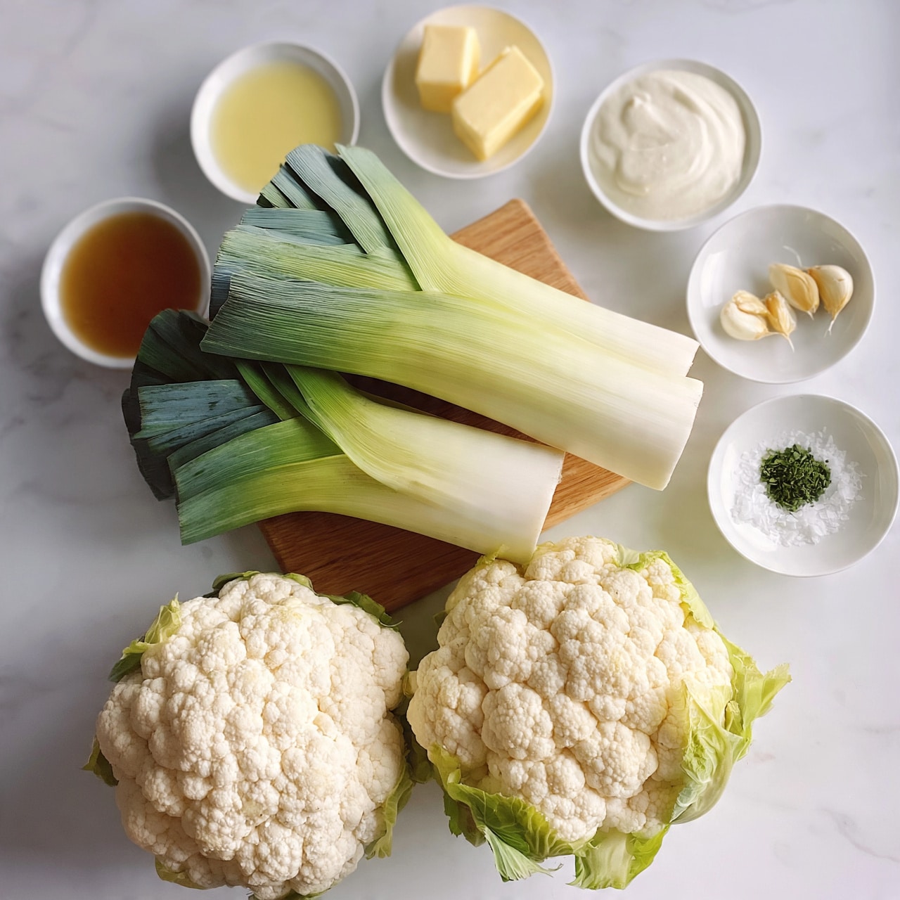 square image Two whole pale green leeks lie next to each other on a small wooden board, showing their pale and dark green leafy tops and white stalks. Below the board are two large heads of white cauliflower with some green leaves showing. Surrounding the vegetables are six small white dishes: one with a yellowish sauce, one with two cubes of butter, one with thick white cream, one with a brown liquid, one with a few garlic cloves, and one with a pinch of green herbs and some white salt flakes. Everything is placed on a white marbled surface. photo taken with an iphone --ar 4:5 --v 7