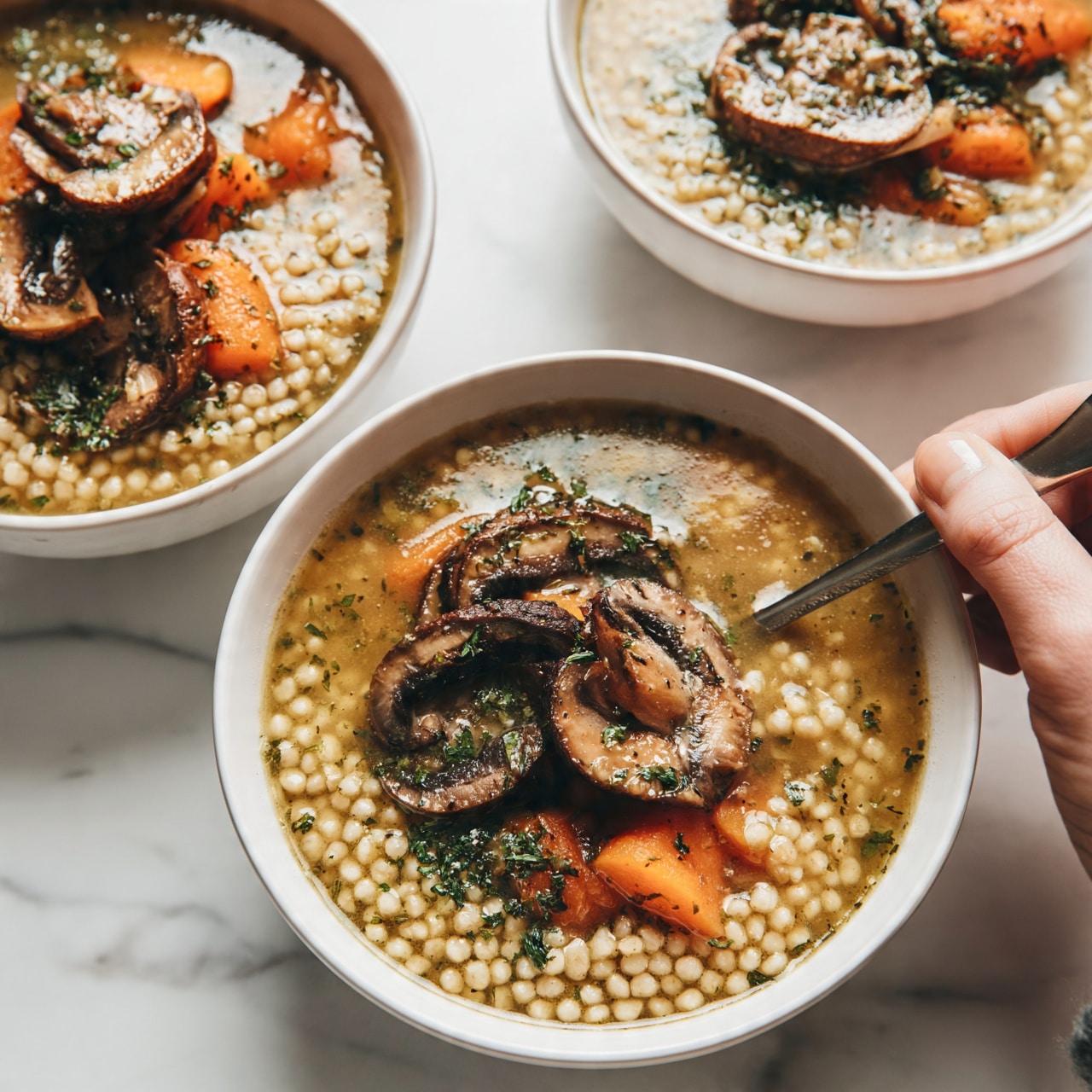 square image The image shows three white bowls filled with a thick soup. Each bowl has layers of small round grains at the bottom, topped with sliced brown mushrooms and orange carrot pieces. The soup looks warm and soft with visible green herbs sprinkled on top. A spoon rests inside the closest bowl, and a woman's hand is holding it gently. All bowls sit on a white marbled surface, creating a clean and bright setting. Photo taken with an iphone --ar 4:5 --v 7