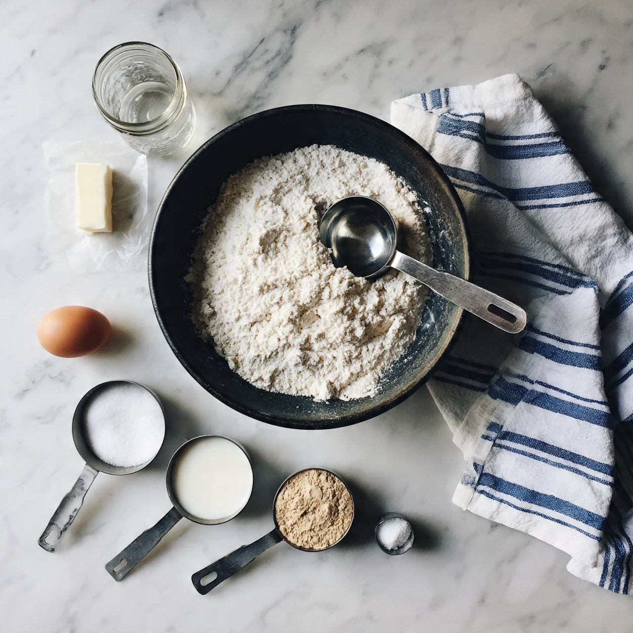 square image A dark round bowl with white flour and a metal measuring cup inside sits on a white marbled surface next to a white and blue striped cloth. Around the bowl are various baking ingredients arranged neatly: a small piece of butter on wrapping paper, a glass jar of clear liquid, an egg, and several metal measuring cups filled with dry white sugar, white milk, light brown yeast, and a small pinch of salt. The scene is bright and tidy, showing the start of a baking process. Photo taken with an iphone --ar 4:5 --v 7