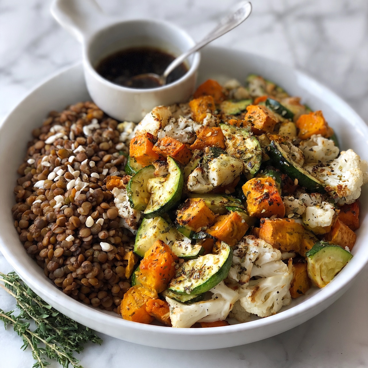 square image A white bowl is filled with two main layers: the left side has a bed of cooked brown lentils that look soft and scattered with white seeds, while the right side has a colorful mix of roasted vegetables like orange sweet potato chunks, green zucchini slices, and white cauliflower pieces, all showing slight charring and sprinkled with herbs and seeds. Behind the bowl, there is a small white cup filled with dark sauce and a silver spoon inside it, placed on a white marbled surface. A sprig of fresh green herbs lies next to the bowl. Photo taken with an iphone --ar 4:5 --v 7