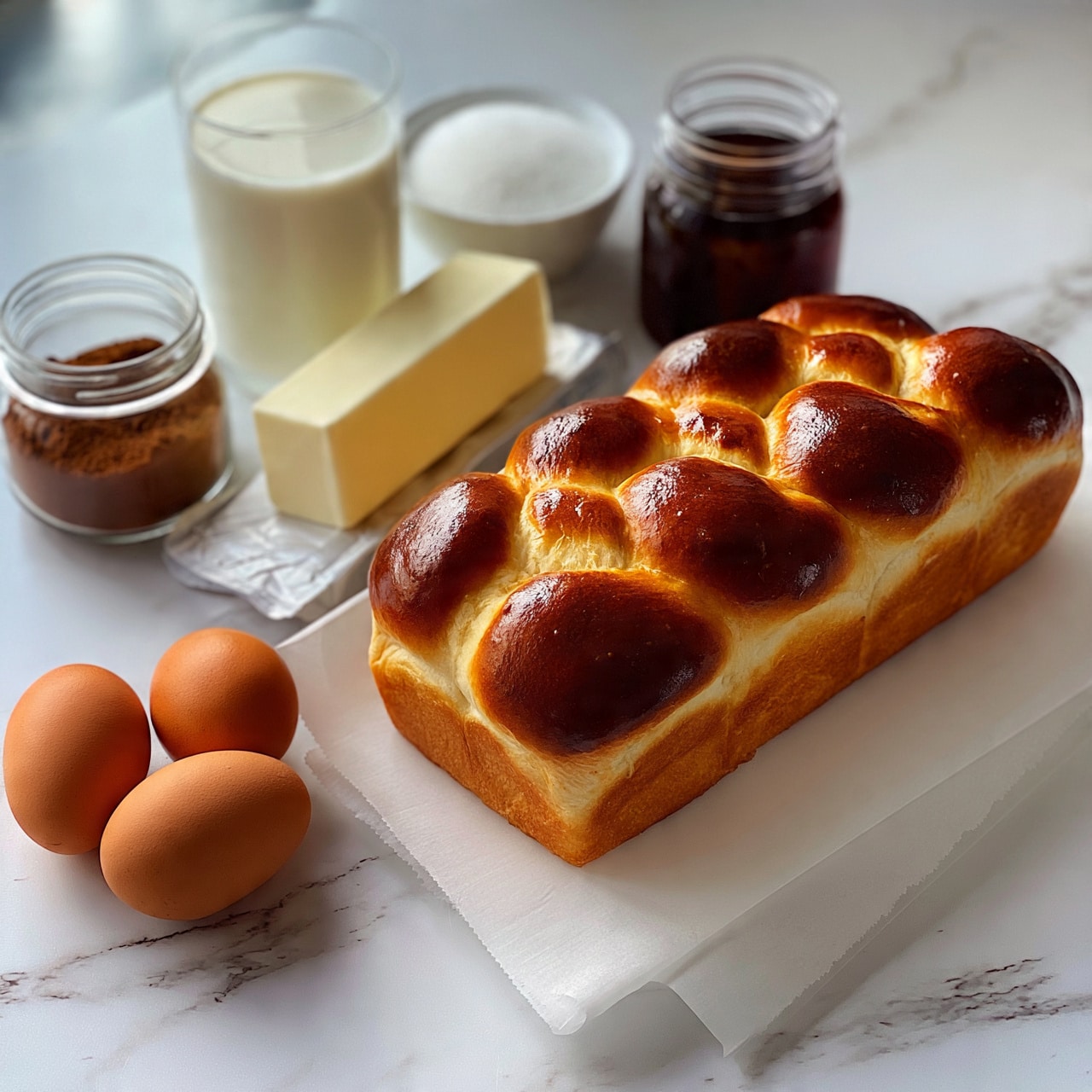 square image The image shows a close-up view of ingredients neatly arranged on a white marbled surface: a small jar of dark brown cinnamon powder, a glass of milk, a stick of butter in a wrapper, two brown eggs, a small white bowl filled with white sugar, a small glass jar of dark brown syrup, and a golden brown loaf of soft bread with a shiny top resting on white parchment paper. The bread shows a braided texture with smooth, rounded sections. photo taken with an iphone --ar 4:5 --v 7