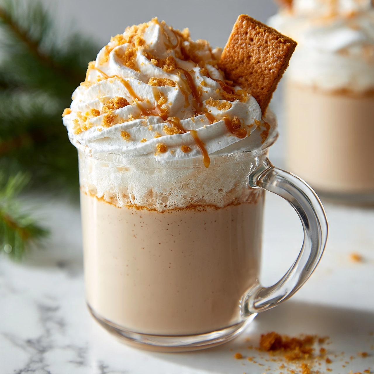square image A clear glass mug filled with a creamy light brown drink, topped with a large swirl of white whipped cream that fills the top and rises above the rim; the whipped cream is sprinkled with small golden brown cookie crumbs and thin caramel drizzles scattered over its surface. A rectangular golden brown cookie stands upright stuck into the whipped cream on one side. The mug sits on a white marbled surface with a blurred green pine branch in the background and a second similar mug partially visible. Some cookie crumbs are scattered on the surface near the mug. photo taken with an iphone --ar 4:5 --v 7