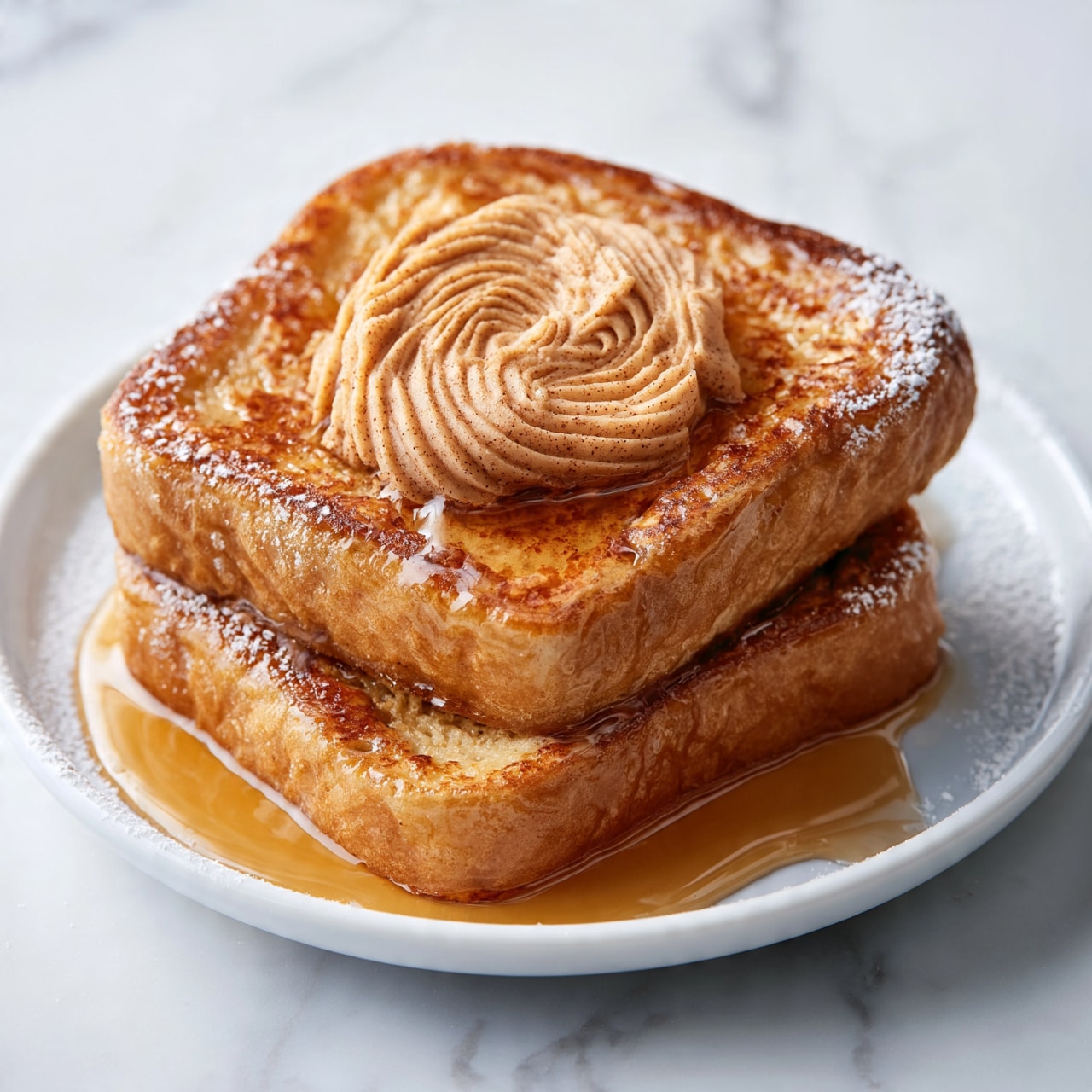 square image Two thick slices of golden brown French toast are stacked slightly overlapping on a white plate. The top slice has a swirl of light brown cinnamon butter with textured ridges in the center. Maple syrup glistens and pools around the base of the toast, with some syrup drizzled on top. Powdered sugar is lightly dusted on the edges of the toast. The plate sits on a white marbled surface. photo taken with an iphone --ar 4:5 --v 7square image