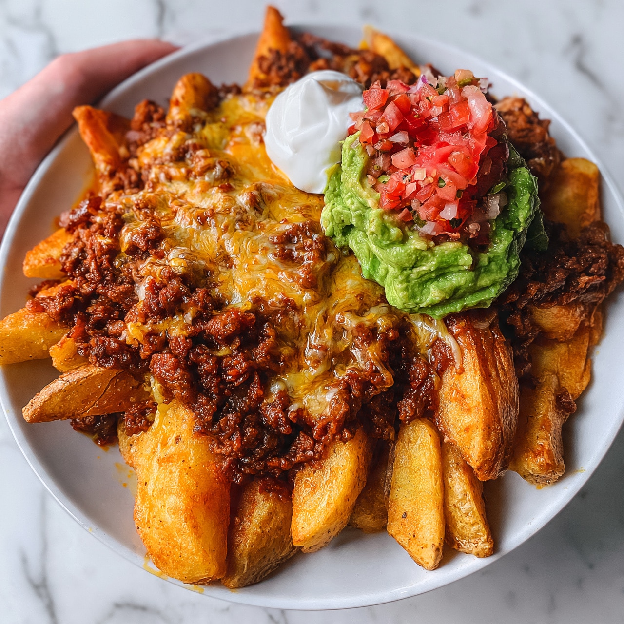 square image The image shows a white plate filled with thick, golden-brown potato wedges as the base layer. On top of the wedges, there is a generous layer of cooked ground meat mixed with melted cheese, giving it a slightly oily and textured look with bits of cheese stringing through. Over the meat layer, a bright green scoop of smooth guacamole sits to the side, topped with a colorful mix of finely chopped red tomatoes and onions, creating a fresh contrast. At the very top, a dollop of white sour cream crowns the dish, adding a soft, creamy texture. The plate is set on a white marbled surface, and a woman's hand is gently holding the plate from the side. photo taken with an iphone --ar 4:5 --v 7