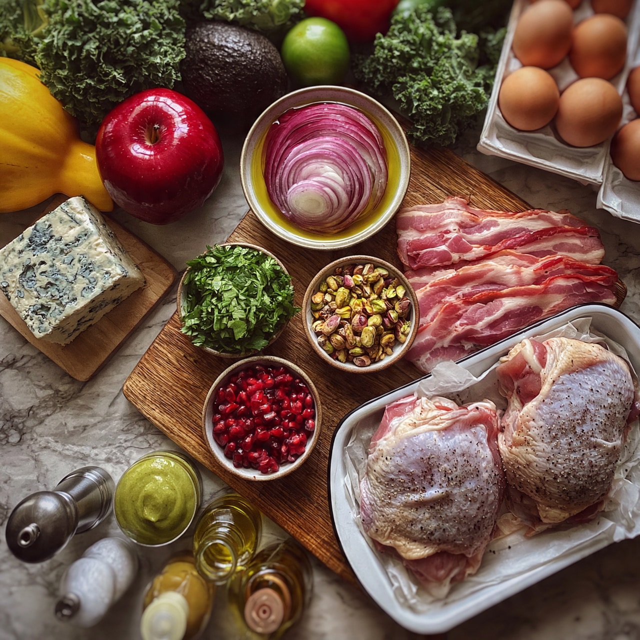 square image The image shows a collection of fresh cooking ingredients neatly arranged on a wooden surface. There are two raw chicken thighs placed on parchment paper in a white tray at the bottom right, sprinkled with pepper. Above the chicken are strips of uncooked bacon lying flat. To the left of the bacon, three small bowls hold bright green chopped herbs, red pomegranate seeds, and a mix of pistachios. Directly above the small bowls, there is a bowl with layered rings of red onion in oil. On the left side, a block of blue cheese rests on a small wooden cutting board next to a shiny red apple and a yellow squash. Several eggs stand in a white carton on the top right. Other fresh vegetables such as green curly kale, a dark avocado, a green tomato, and a red tomato complete the top section. At the bottom left, there are pepper and salt shakers, along with small containers of green mustard, olive oil, and two other liquids. The background is a white marbled texture. photo taken with an iphone --ar 4:5 --v 7