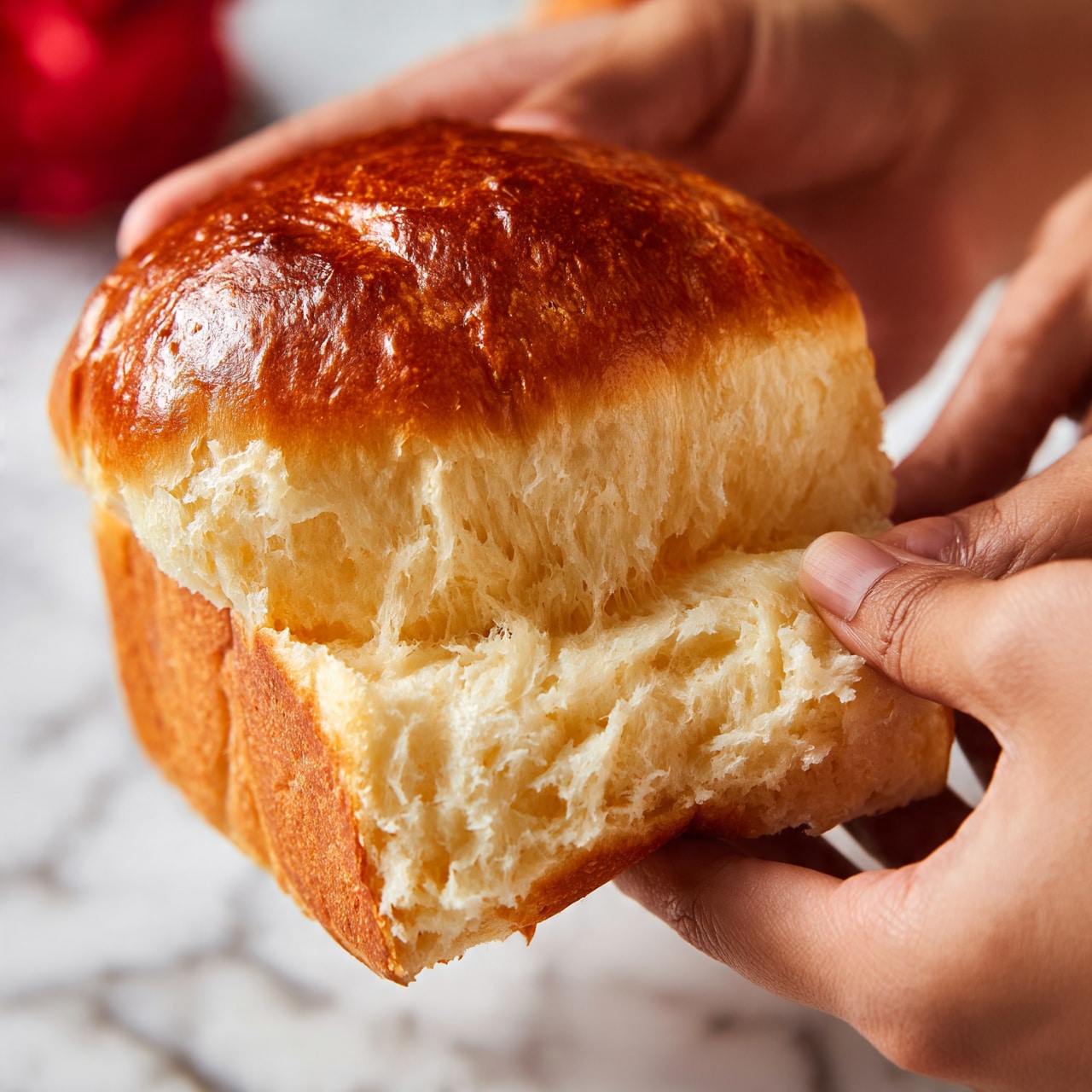 square image The image shows two woman’s hands pulling apart a soft, golden-brown bread loaf. The bread has a smooth, shiny top crust with a slightly darker brown color. Inside, the bread is light cream in color with a fluffy and airy texture, showing the stretchiness as it is pulled apart. The background has a white marbled texture, and a red object is blurred out in the background, adding contrast to the warm tones of the bread. photo taken with an iphone --ar 4:5 --v 7