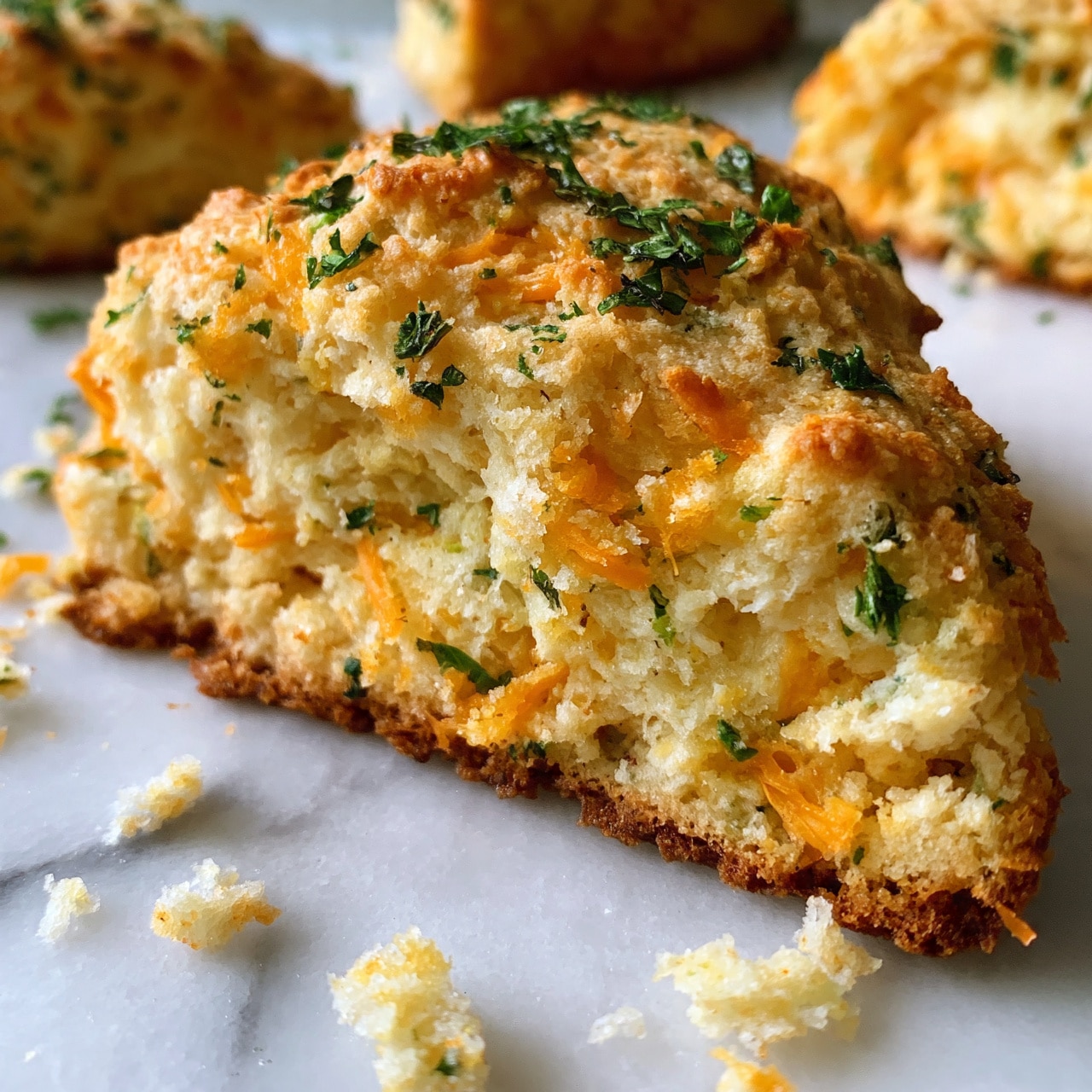 square image A close-up of a golden brown scone slice with a rough, crumbly texture, showing layers of light dough mixed with shredded orange cheese and green herbs scattered on the top and throughout. The scone is on a white marbled surface, and the edges are uneven and rustic. Soft crumbs are scattered around the scone, with other scone pieces visible in the background. The photo taken with an iphone --ar 4:5 --v 7