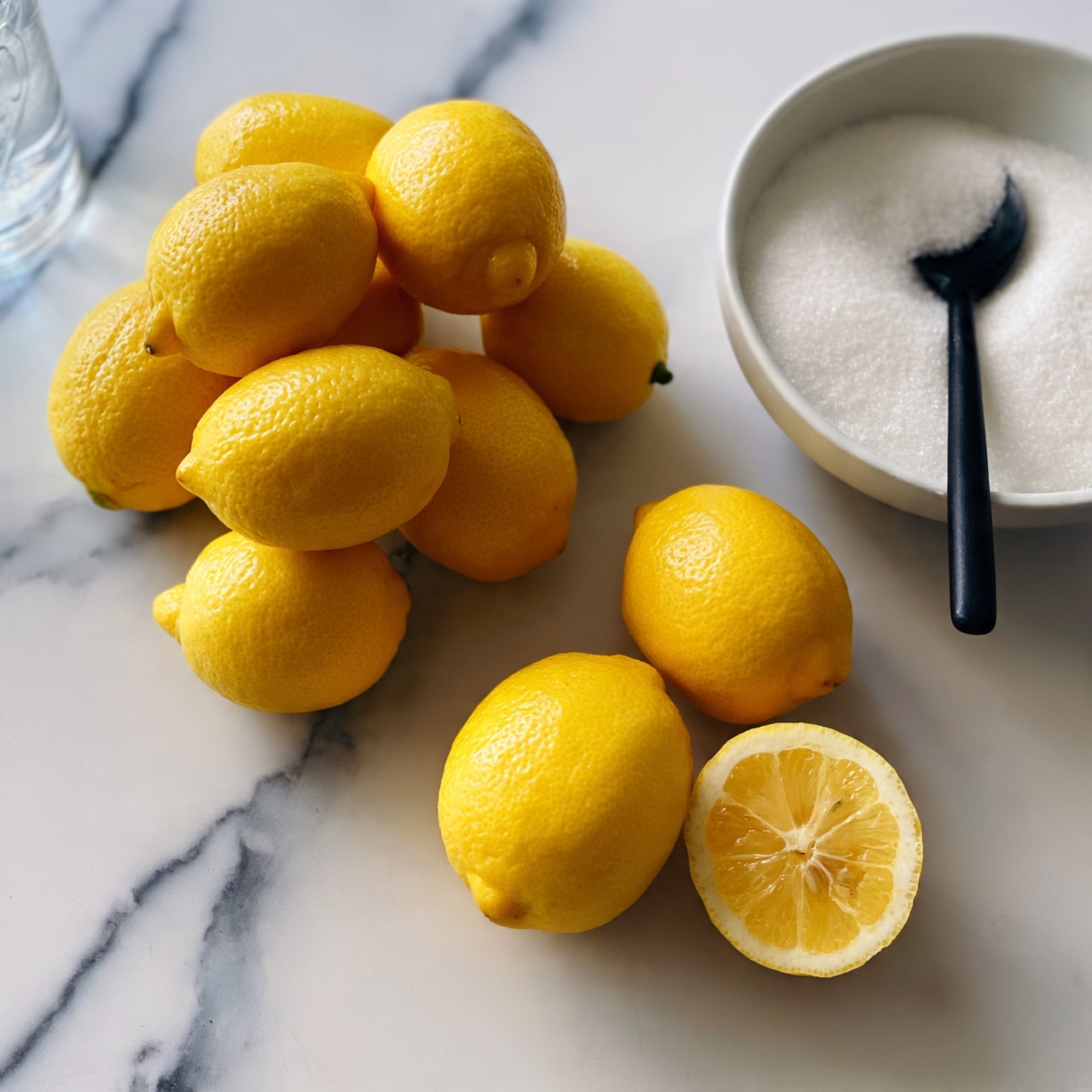square image square image A white marbled surface holds a pile of seven bright yellow lemons with a smooth texture and shiny skin. Nearby, two lemons are whole with one lemon half sliced open showing a juicy, light yellow inside with visible seeds. To the right, there is a white bowl filled with white granulated sugar and a black spoon resting on the edge. On the left side, a clear glass container with water is partially visible. photo taken with an iphone --ar 4:5 --v 7